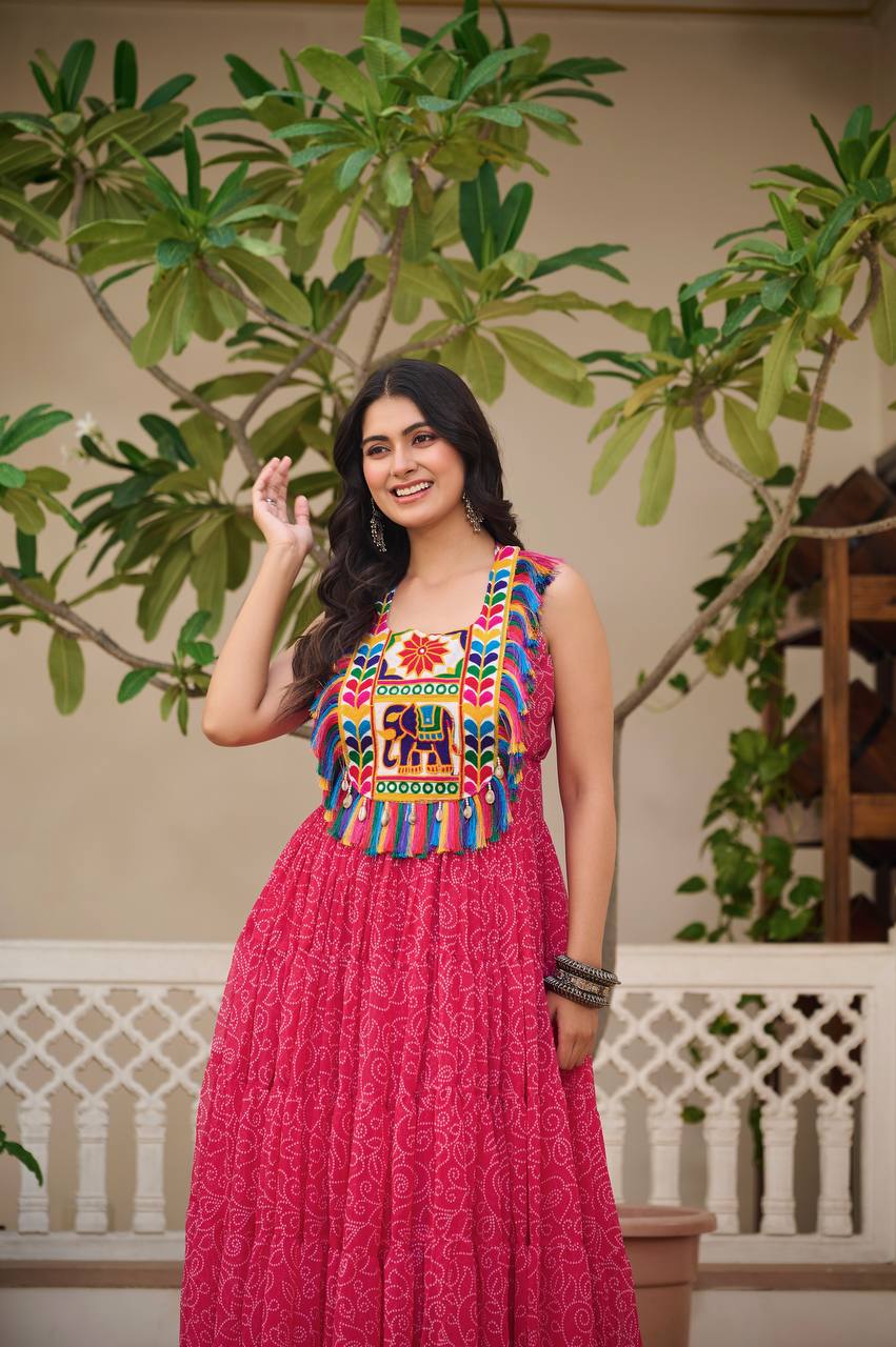 Navratri Special Faux Georgette Gown with Traditional Gamthi Embroidery & Real Mirror Work