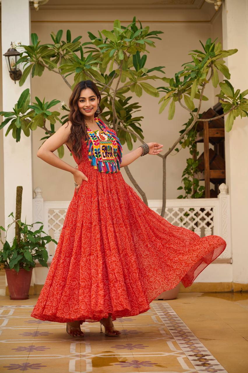 Navratri Special Faux Georgette Gown with Traditional Gamthi Embroidery & Real Mirror Work