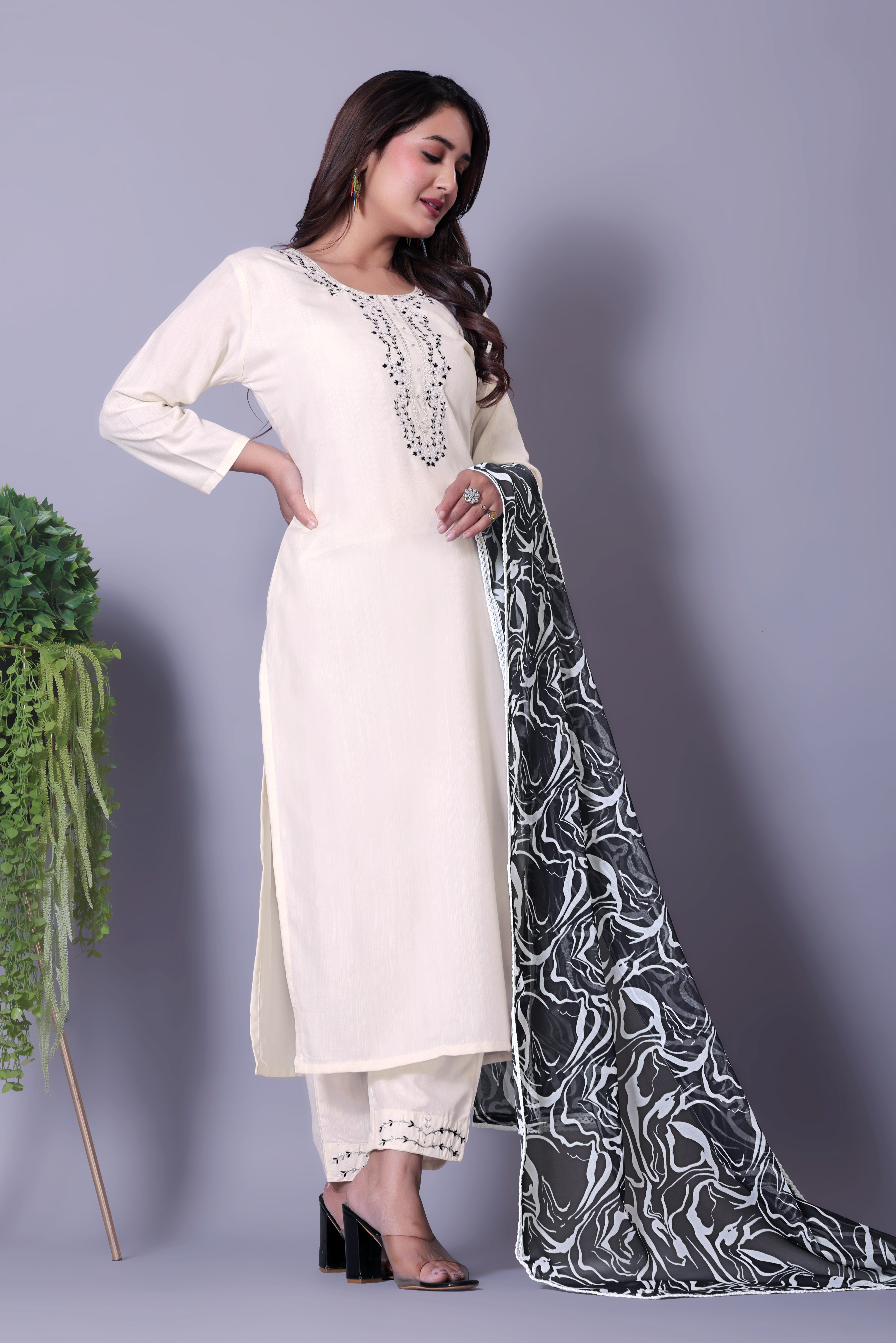 Contemporary White Kurta Set featuring Embellished Neckline & Patterned Dupatta