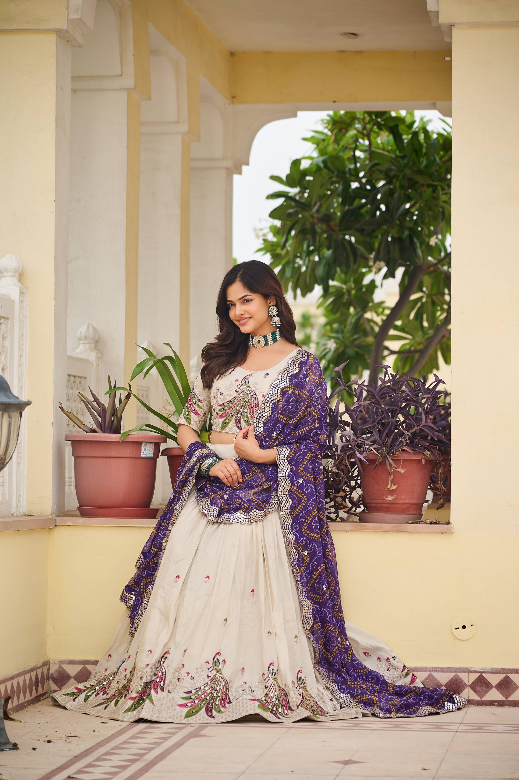 Designer Off-White Lehenga Choli with Heavy Thread Work and Contrast Bandhani Dupatta