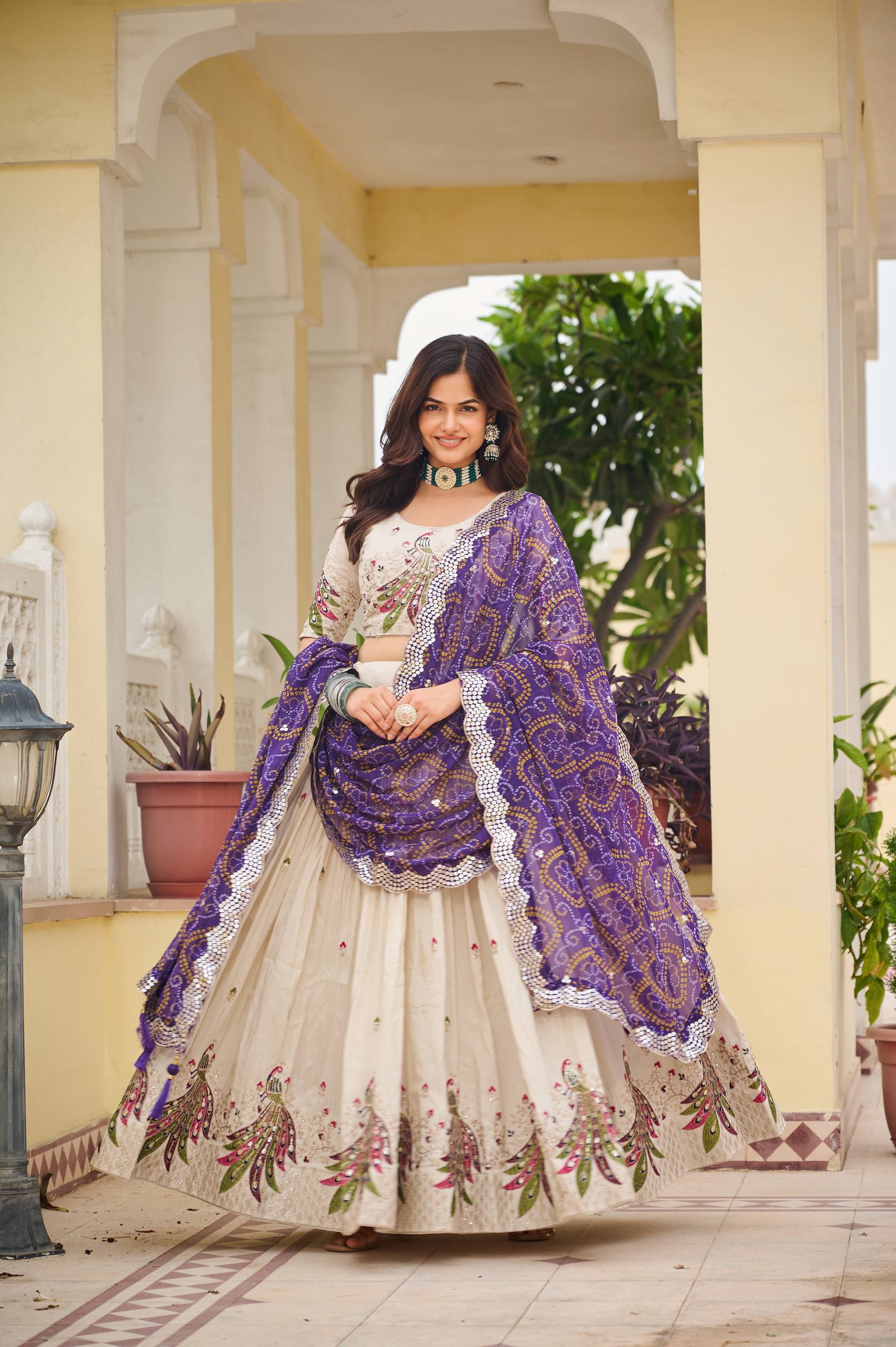 Designer Off-White Lehenga Choli with Heavy Thread Work and Contrast Bandhani Dupatta