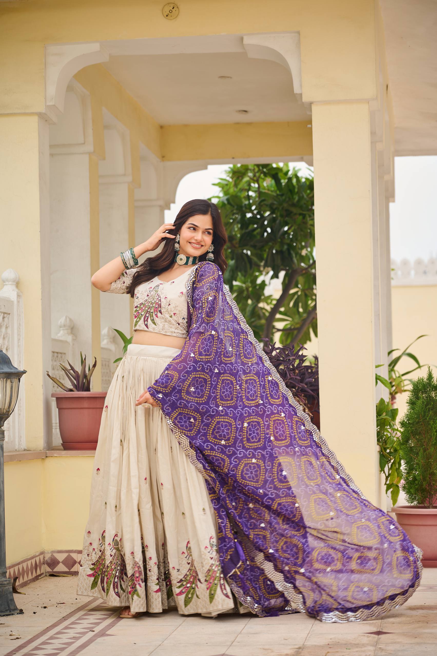 Designer Off-White Lehenga Choli with Heavy Thread Work and Contrast Bandhani Dupatta