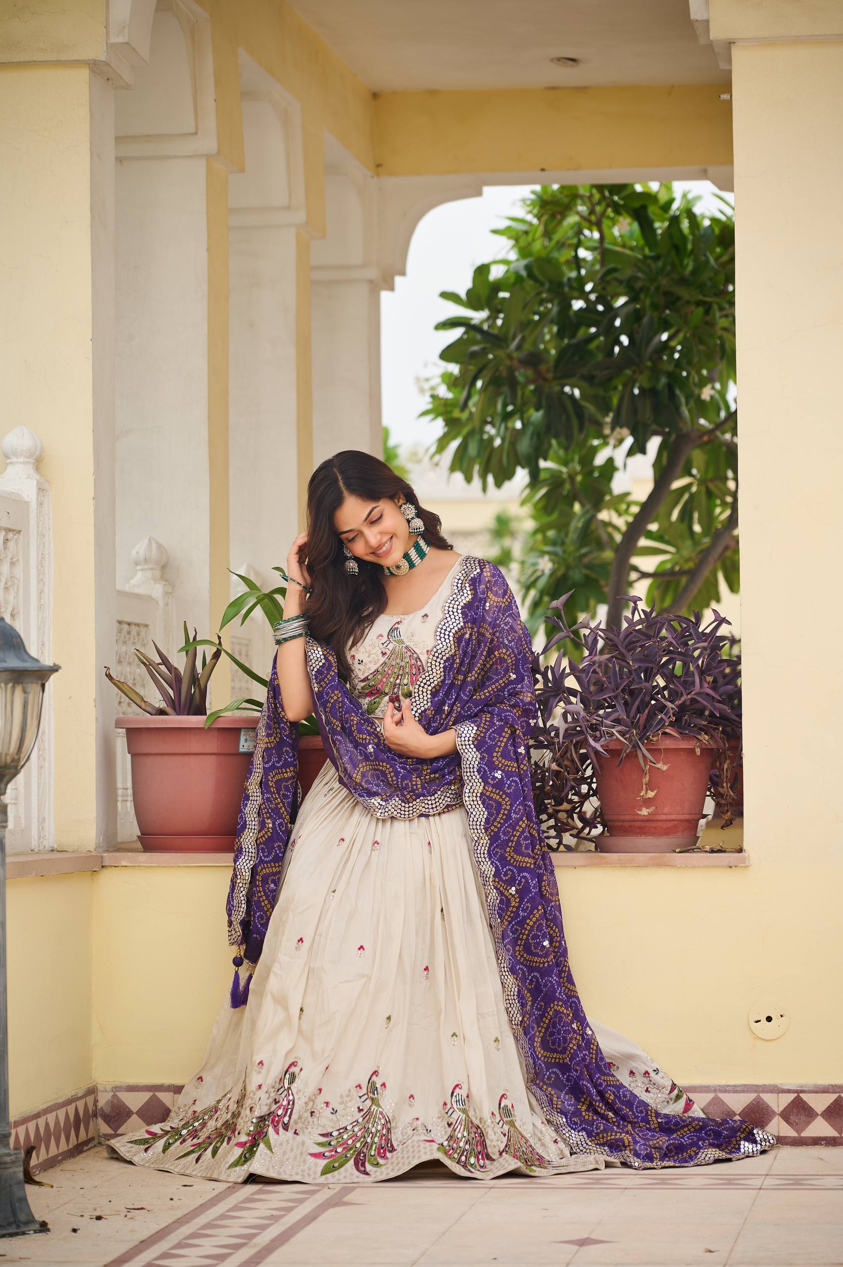 Designer Off-White Lehenga Choli with Heavy Thread Work and Contrast Bandhani Dupatta