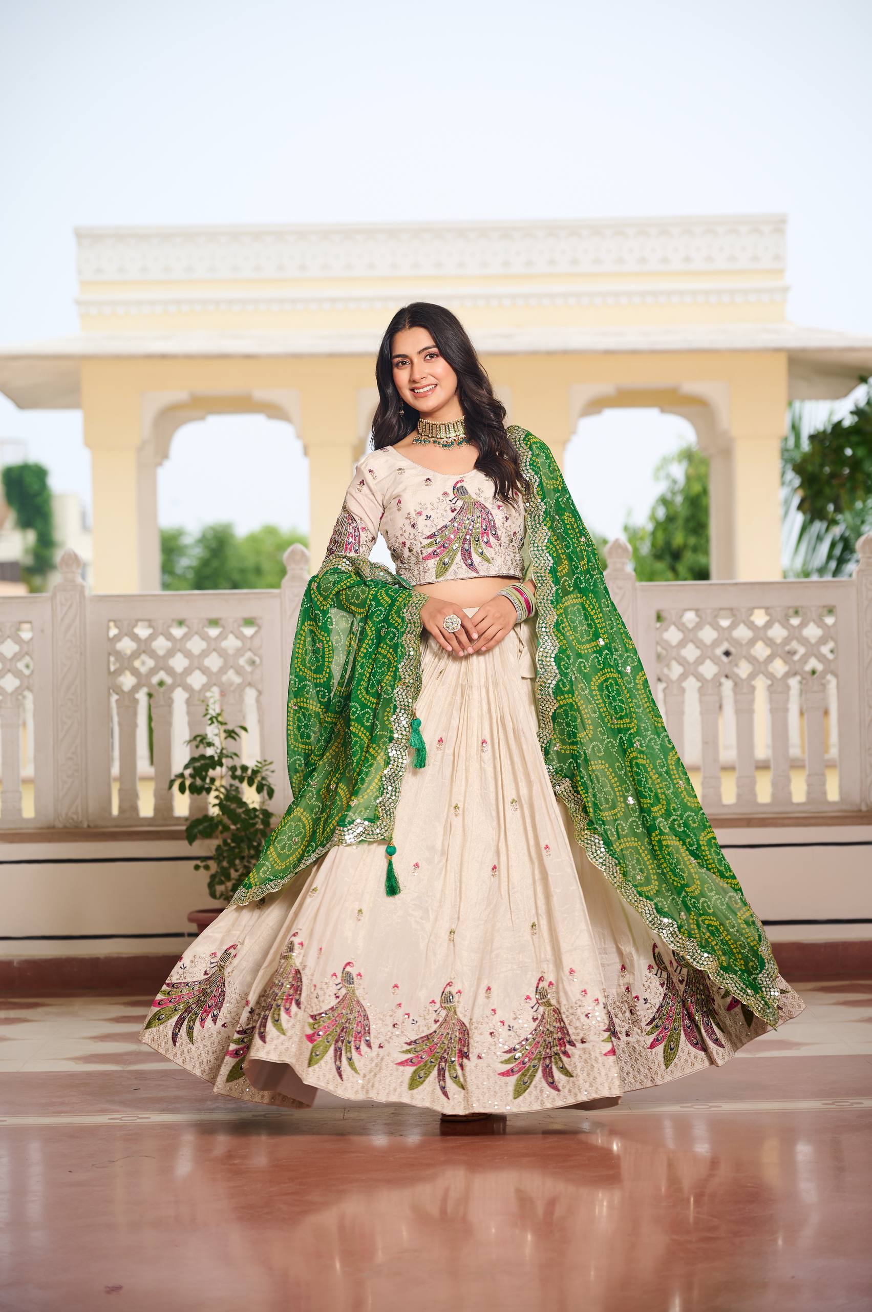 Designer Off-White Lehenga Choli with Heavy Thread Work and Contrast Bandhani Dupatta