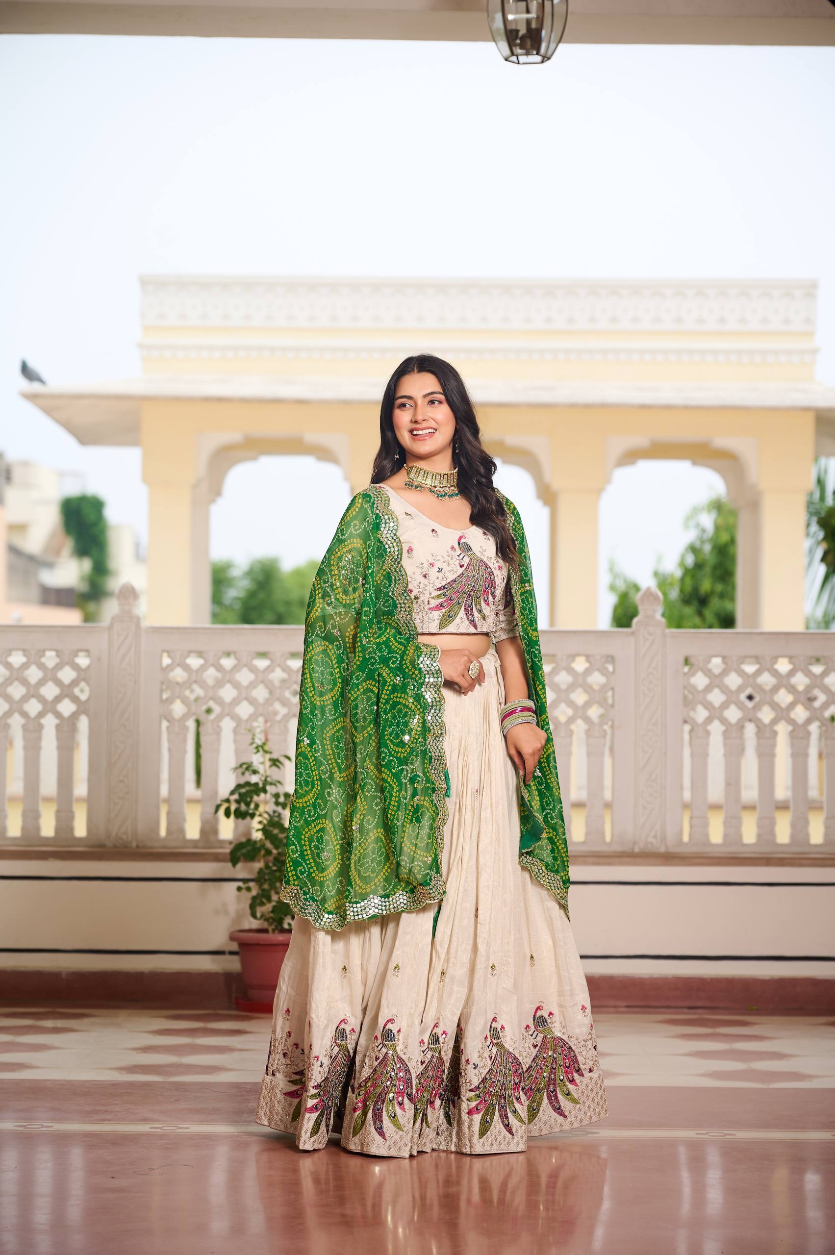 Designer Off-White Lehenga Choli with Heavy Thread Work and Contrast Bandhani Dupatta