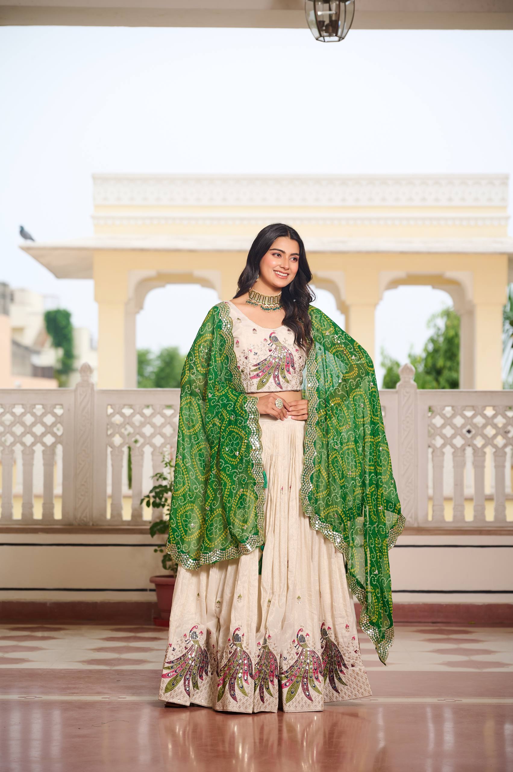 Designer Off-White Lehenga Choli with Heavy Thread Work and Contrast Bandhani Dupatta