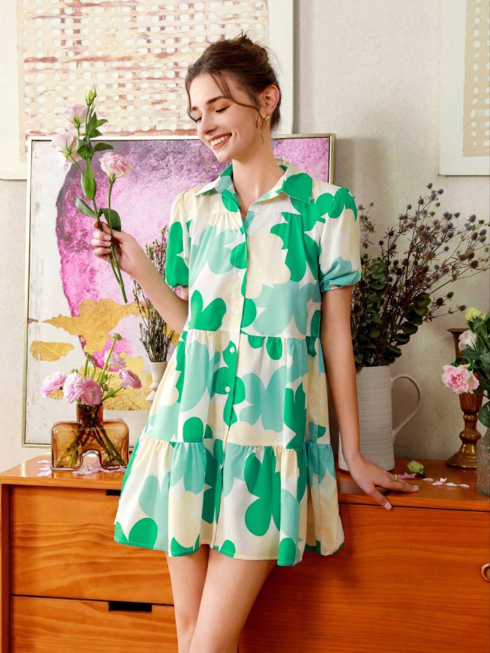 Green Floral Tiered Mini Dress with Collar