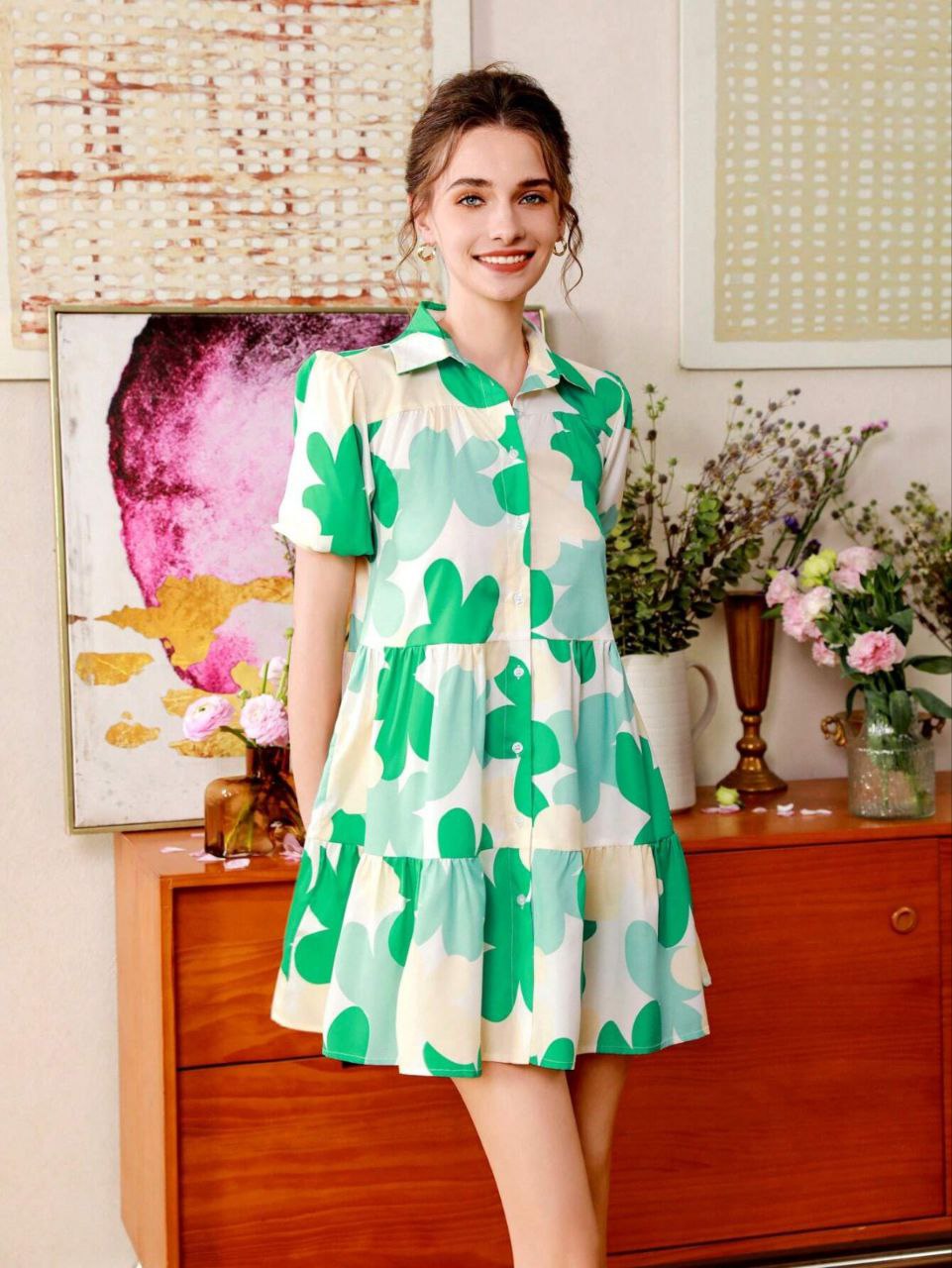 Green Floral Tiered Mini Dress with Collar