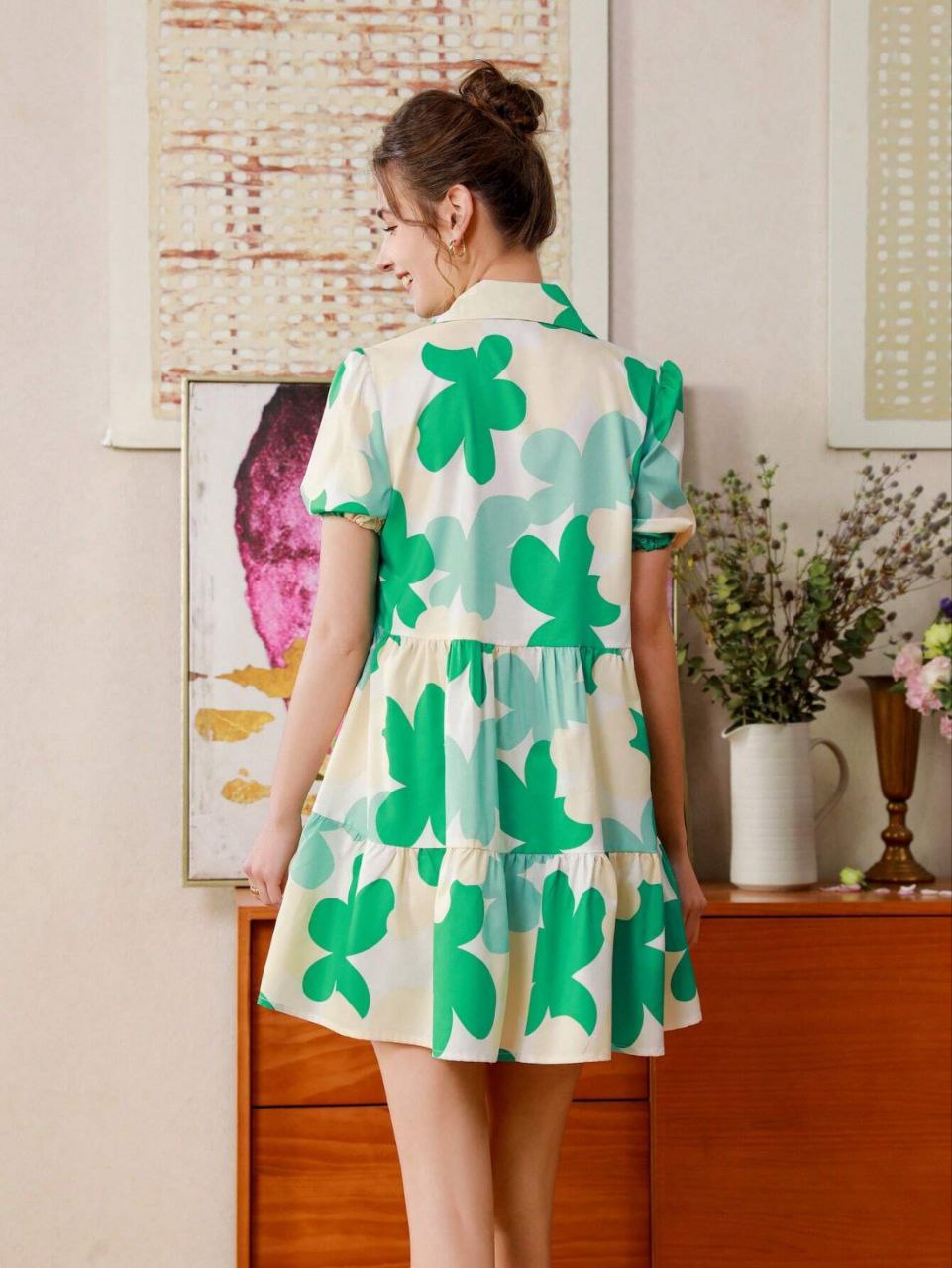 Green Floral Tiered Mini Dress with Collar