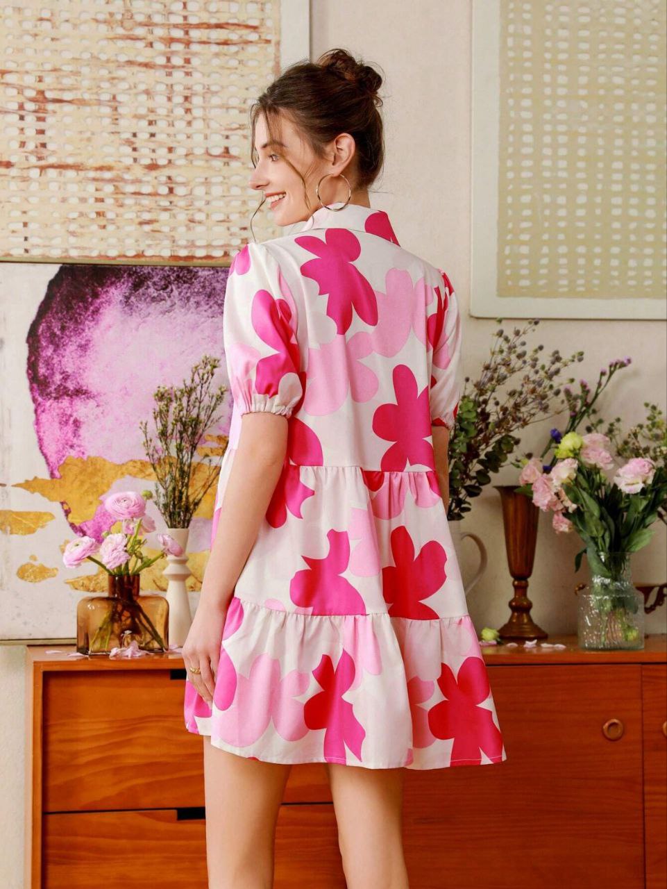 Pink Floral Print Tiered Mini Shirt Dress