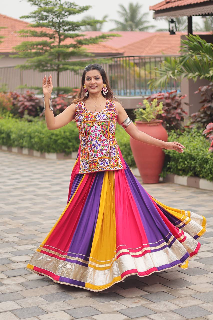Multicolor Real Mirror Work Cotton Lehenga Choli for Garba & Festivities