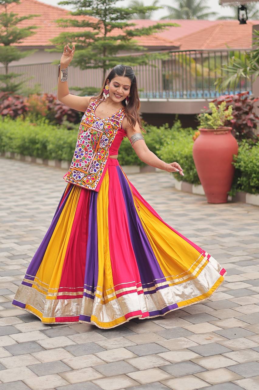 Multicolor Real Mirror Work Cotton Lehenga Choli for Garba & Festivities