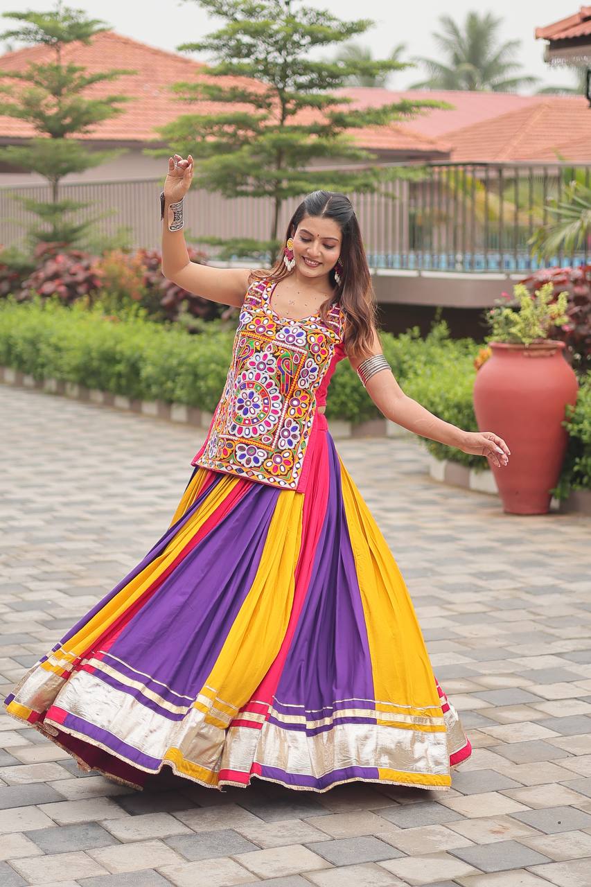 Multicolor Real Mirror Work Cotton Lehenga Choli for Garba & Festivities