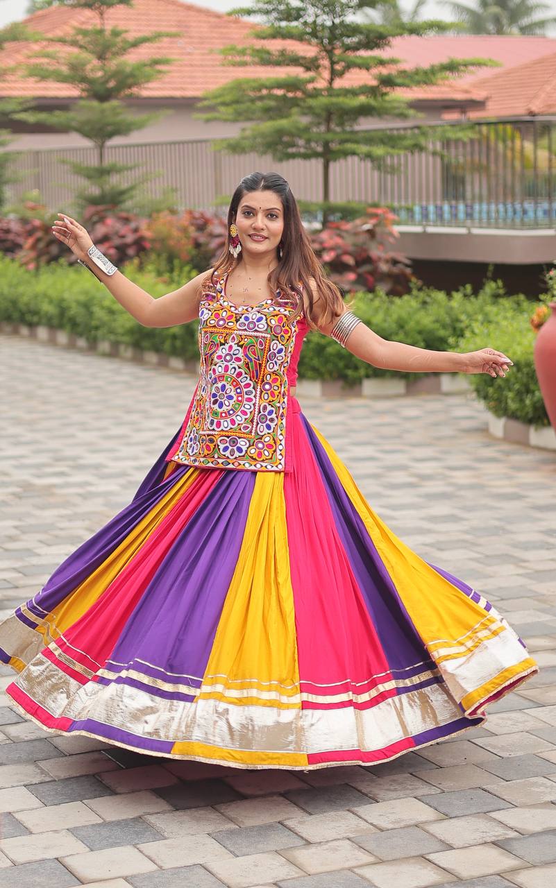 Multicolor Real Mirror Work Cotton Lehenga Choli for Garba & Festivities