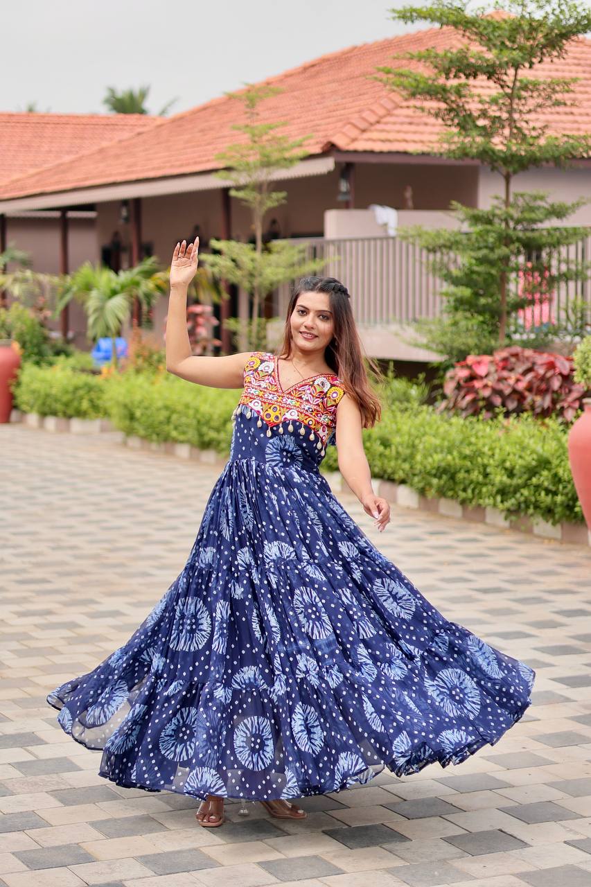 Navratri Special Faux Georgette Gamthi Work Gown with Real Mirror & Codi Lace