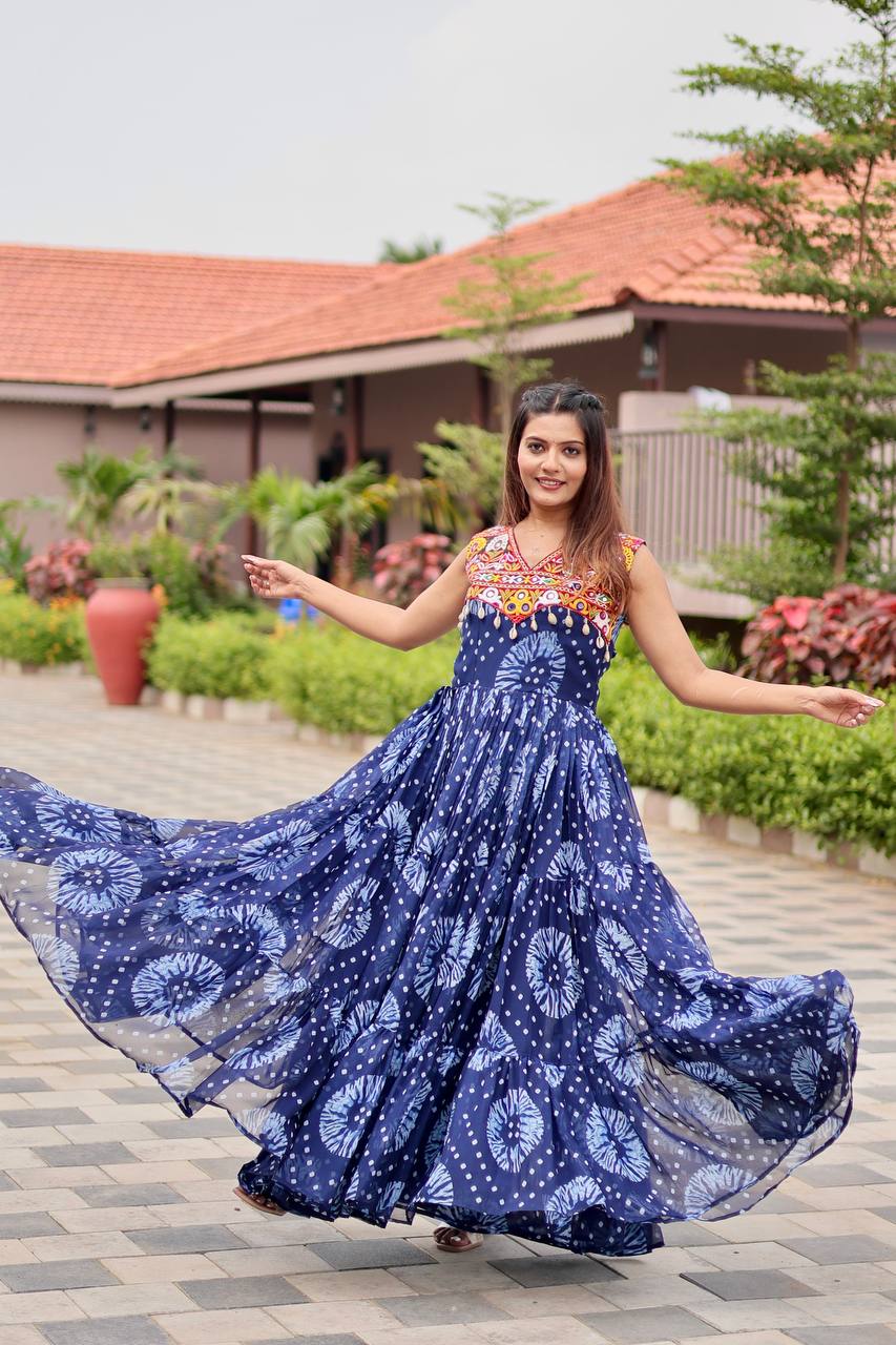 Navratri Special Faux Georgette Gamthi Work Gown with Real Mirror & Codi Lace