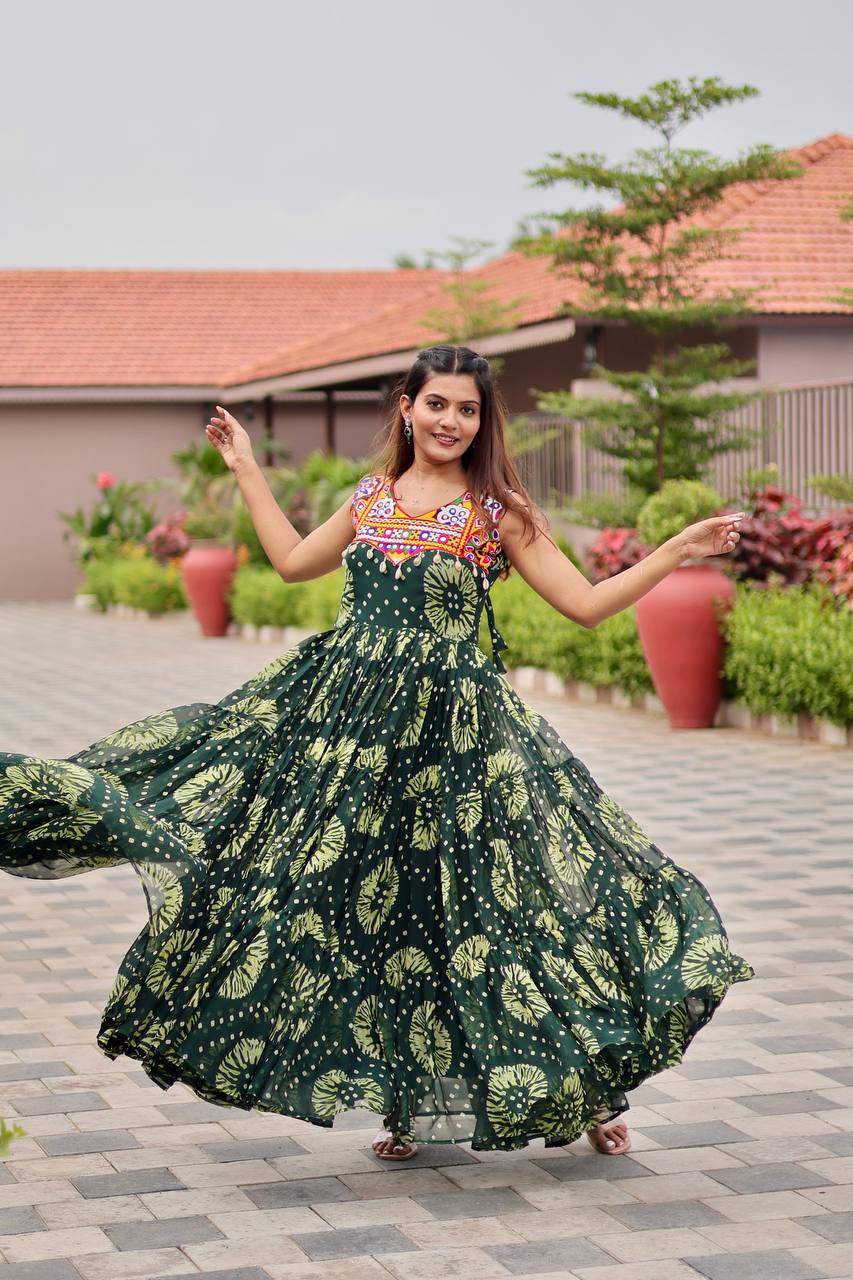 Navratri Special Faux Georgette Gamthi Work Gown with Real Mirror & Codi Lace