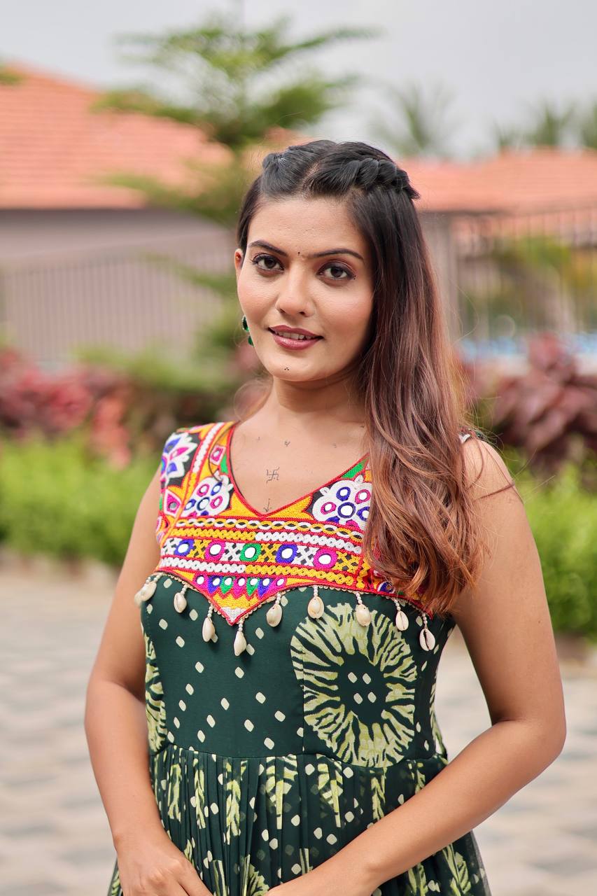 Navratri Special Faux Georgette Gamthi Work Gown with Real Mirror & Codi Lace