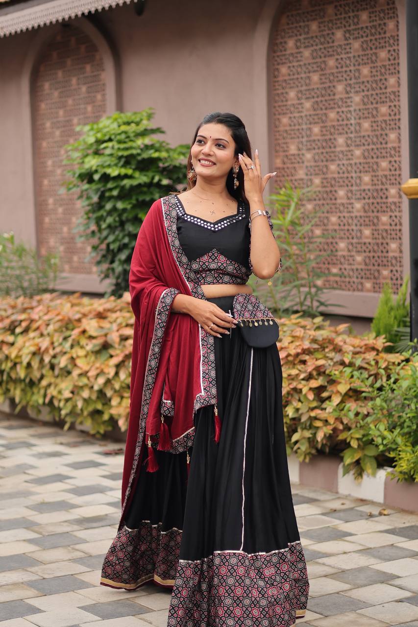 Navratri Special Gamathi Work Black Lehenga Choli with Red Dupatta