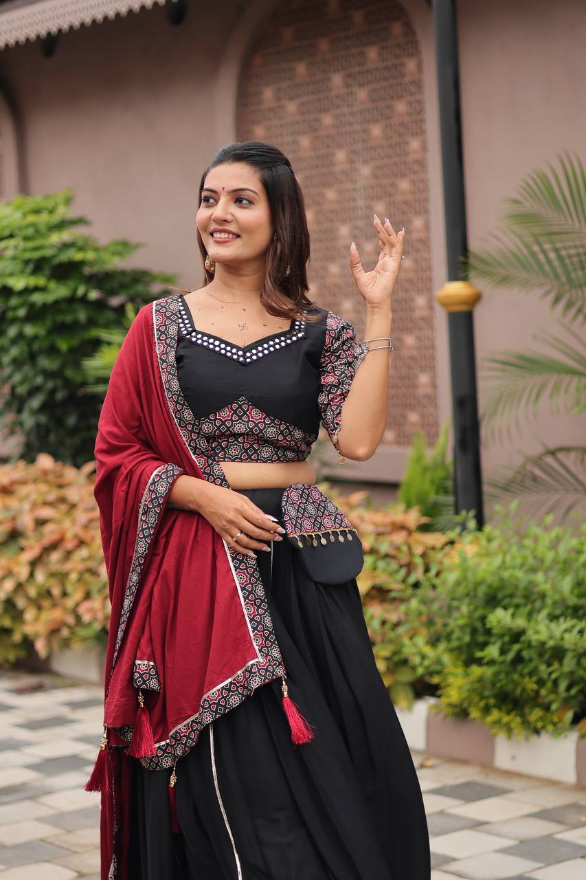 Navratri Special Gamathi Work Black Lehenga Choli with Red Dupatta