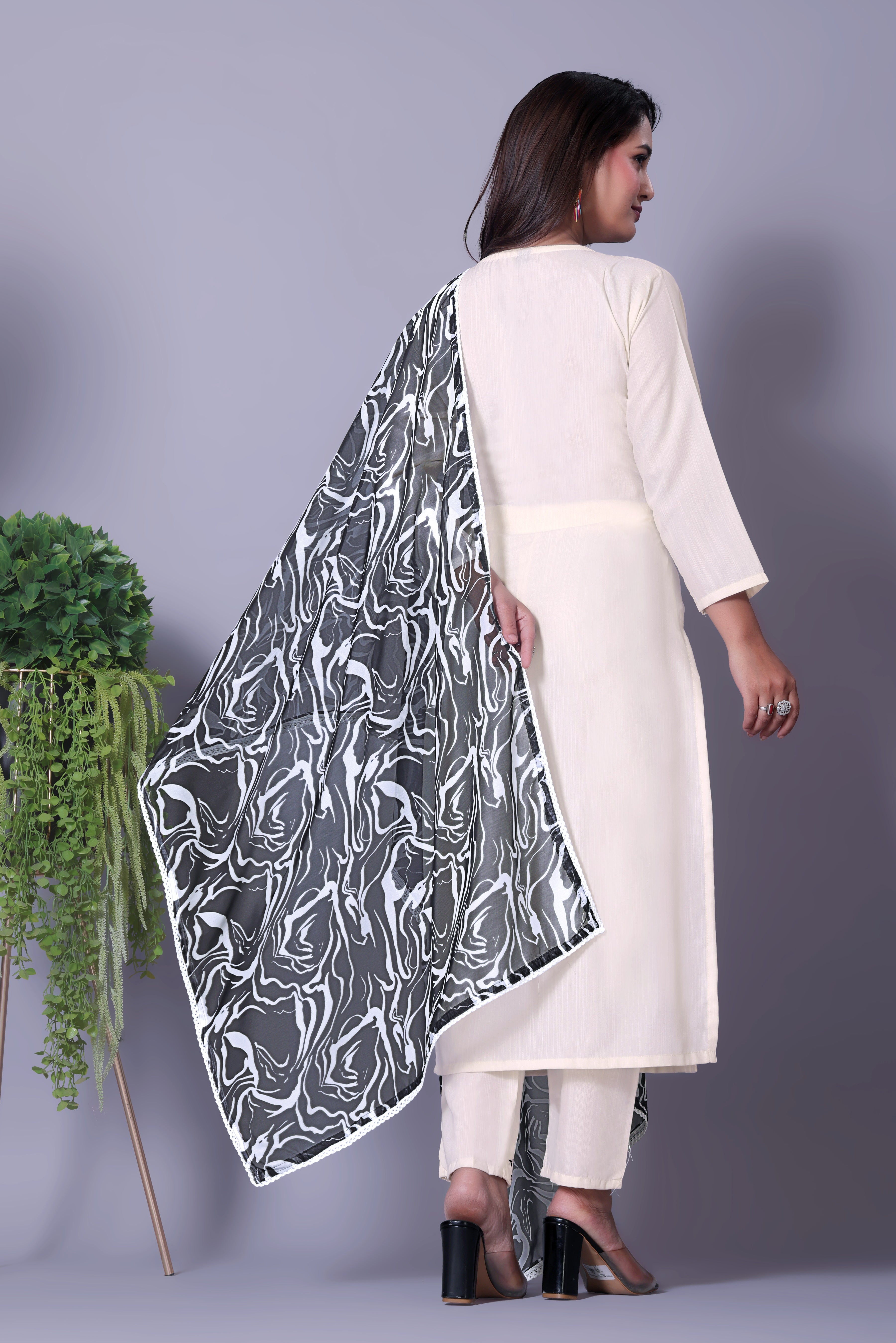 Contemporary White Kurta Set featuring Embellished Neckline & Patterned Dupatta