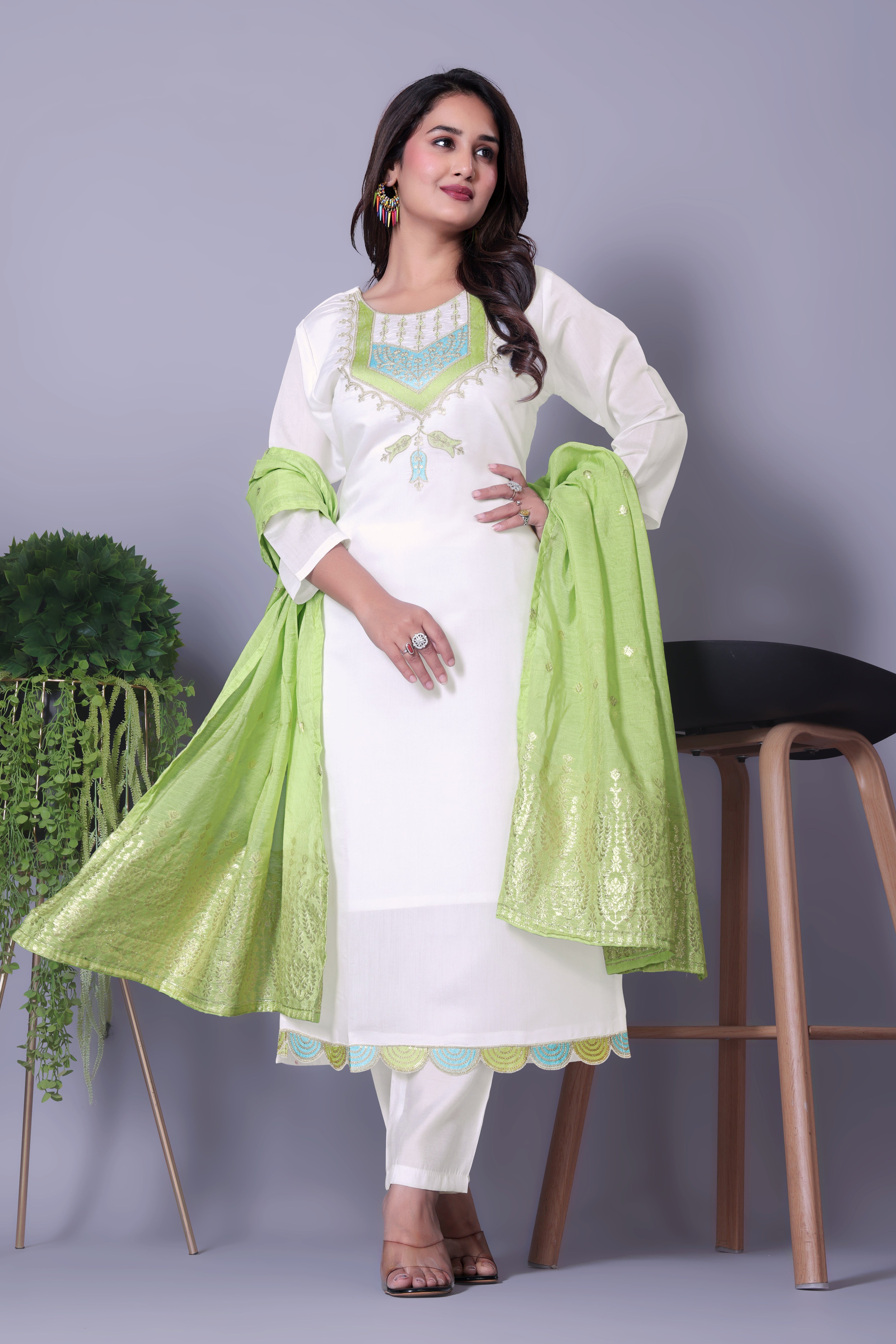 Elegant White Embroidered Kurta Set with Contrast Green Dupatta