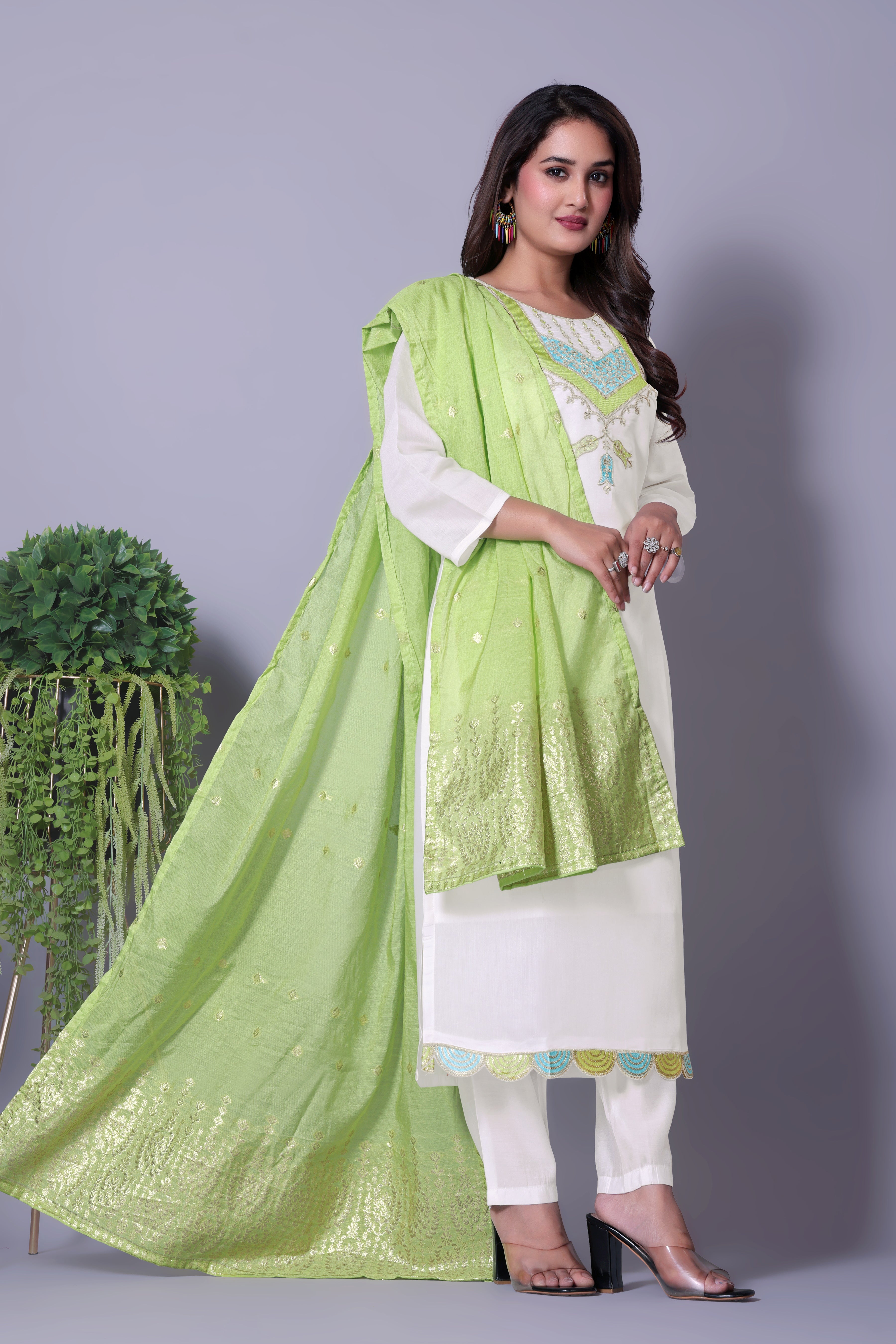 Elegant White Embroidered Kurta Set with Contrast Green Dupatta
