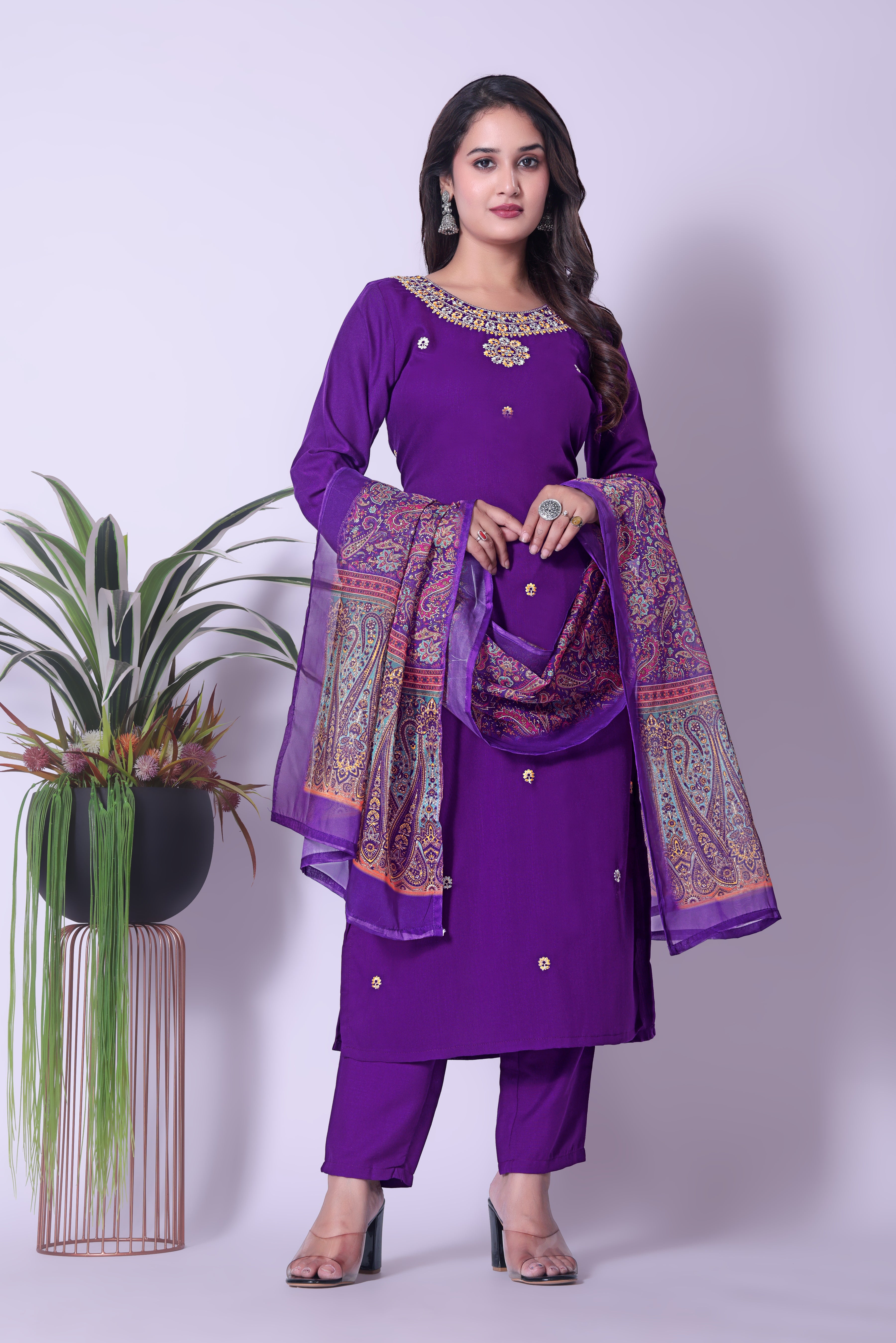 Women's Viscose Chanderi Embroidered Kurta, Pant & Dupatta Set - Purple