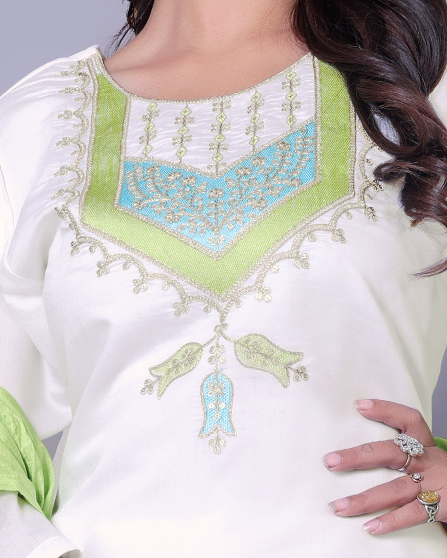 Elegant White Embroidered Kurta Set with Contrast Green Dupatta