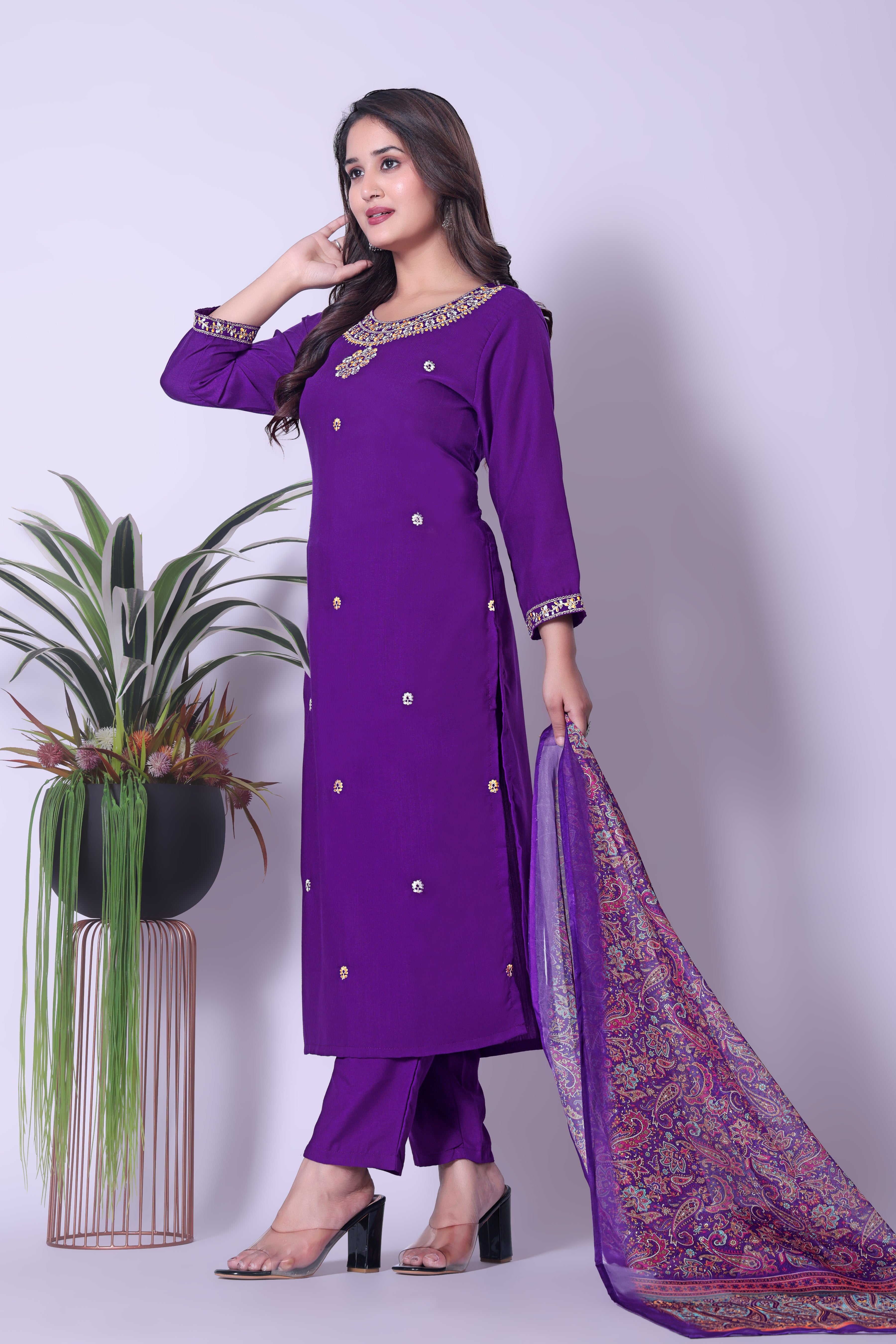 Women's Viscose Chanderi Embroidered Kurta, Pant & Dupatta Set - Purple