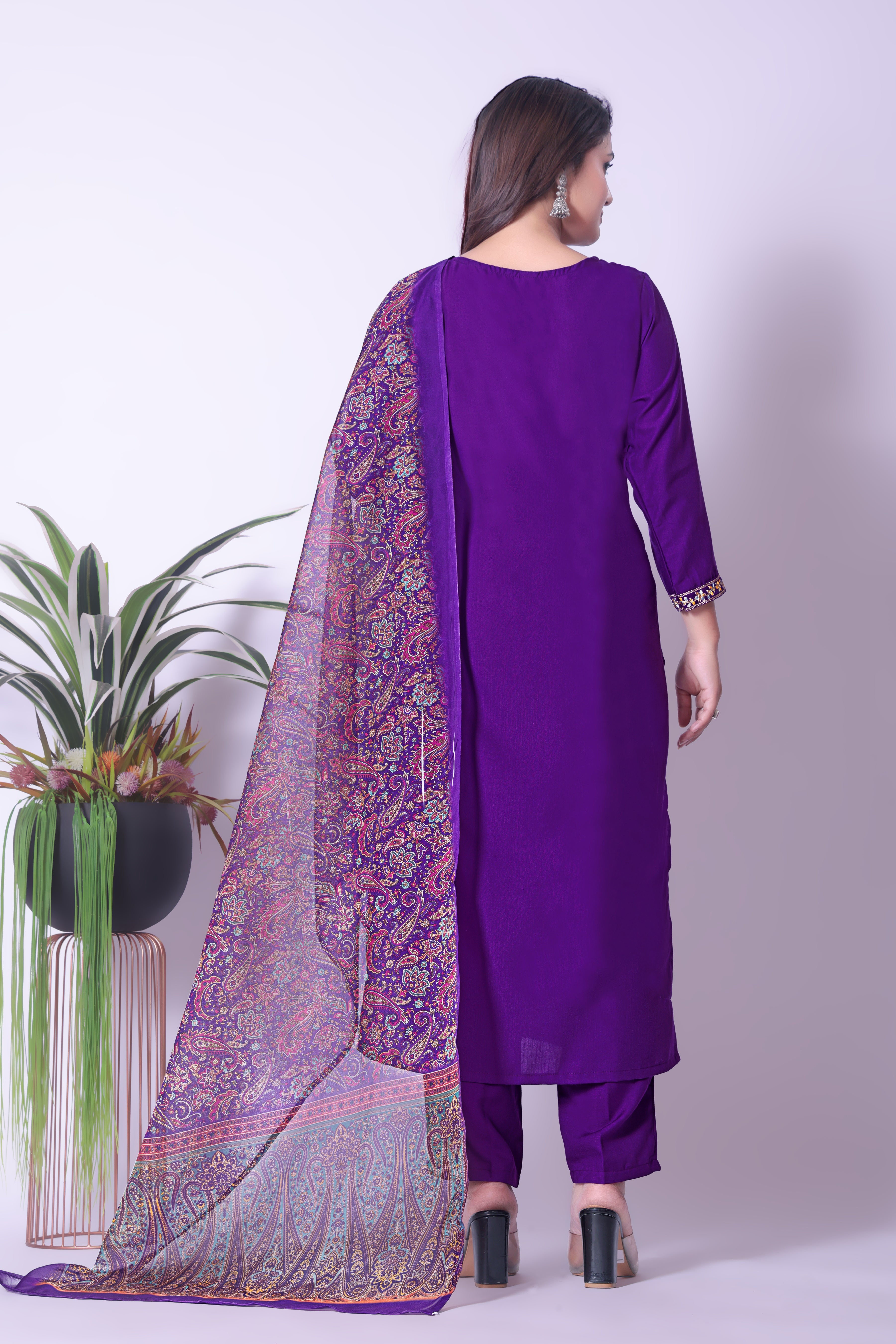 Women's Viscose Chanderi Embroidered Kurta, Pant & Dupatta Set - Purple