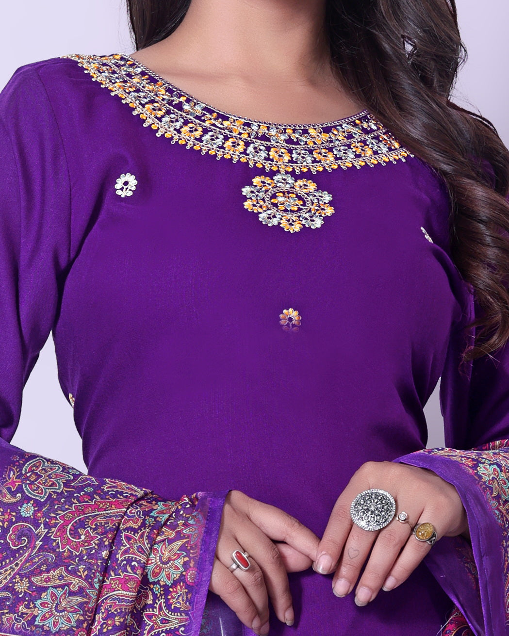 Women's Viscose Chanderi Embroidered Kurta, Pant & Dupatta Set - Purple