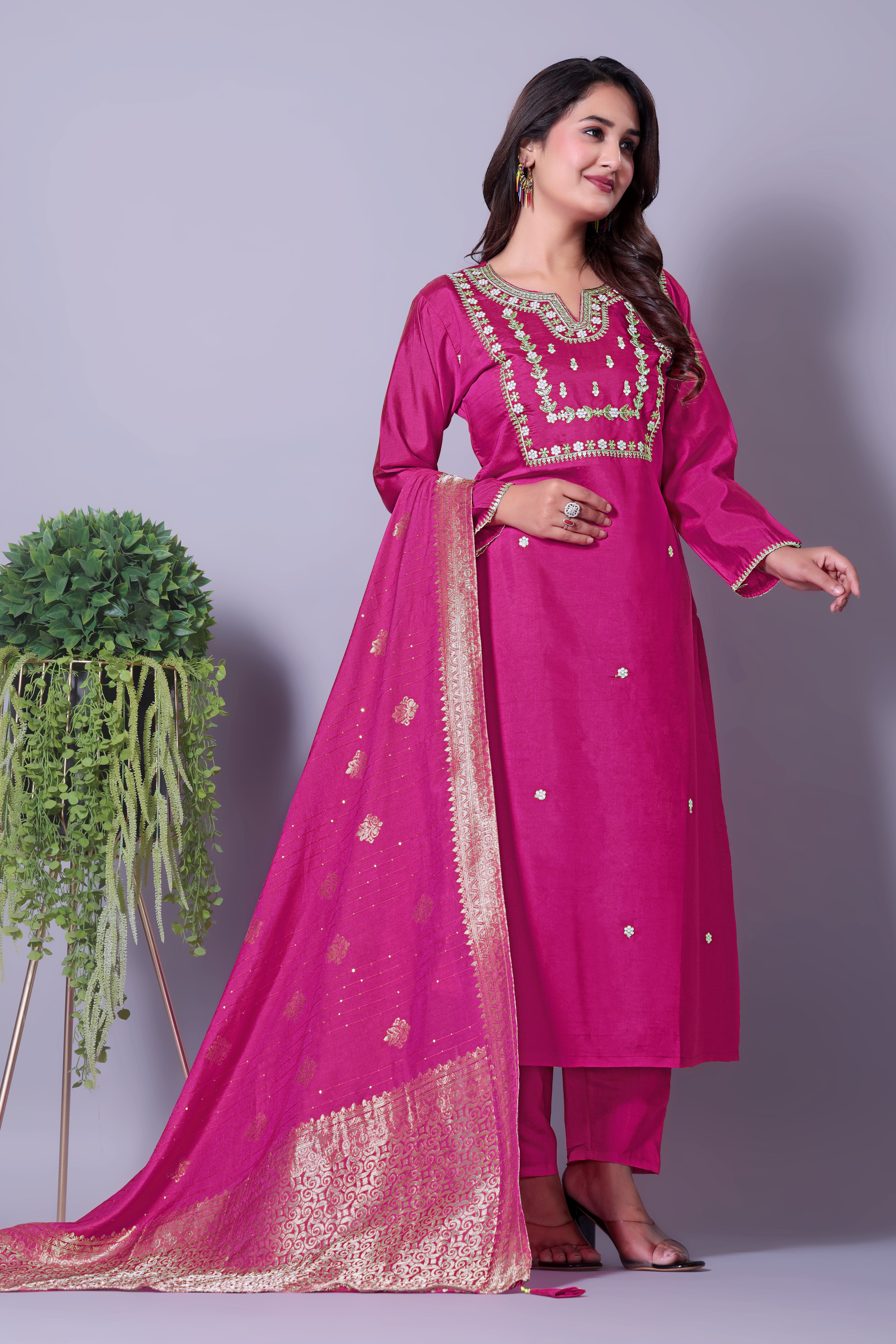 Women's Embroidered Red Kurta Set with Dupatta and Pants