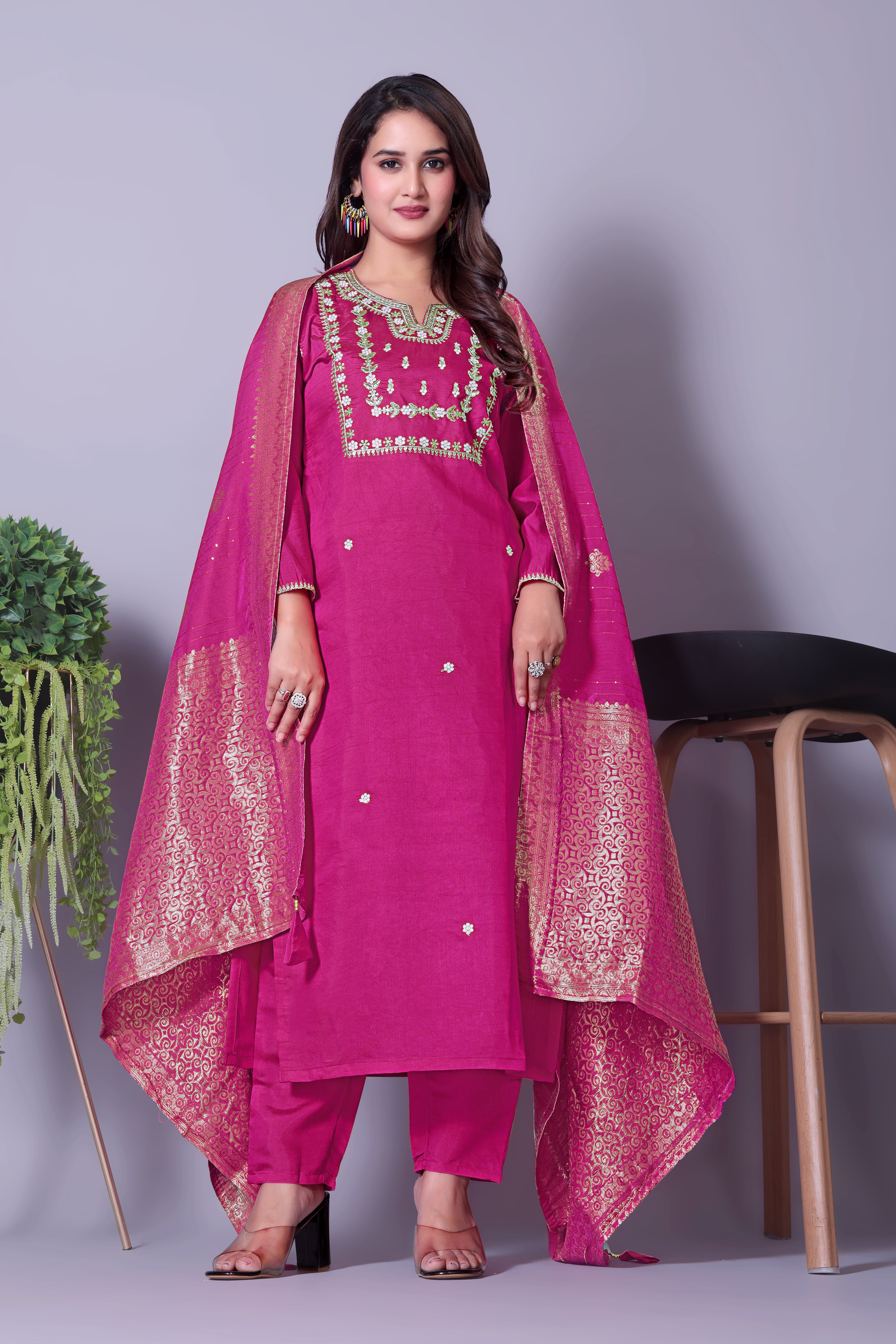 Women's Embroidered Red Kurta Set with Dupatta and Pants