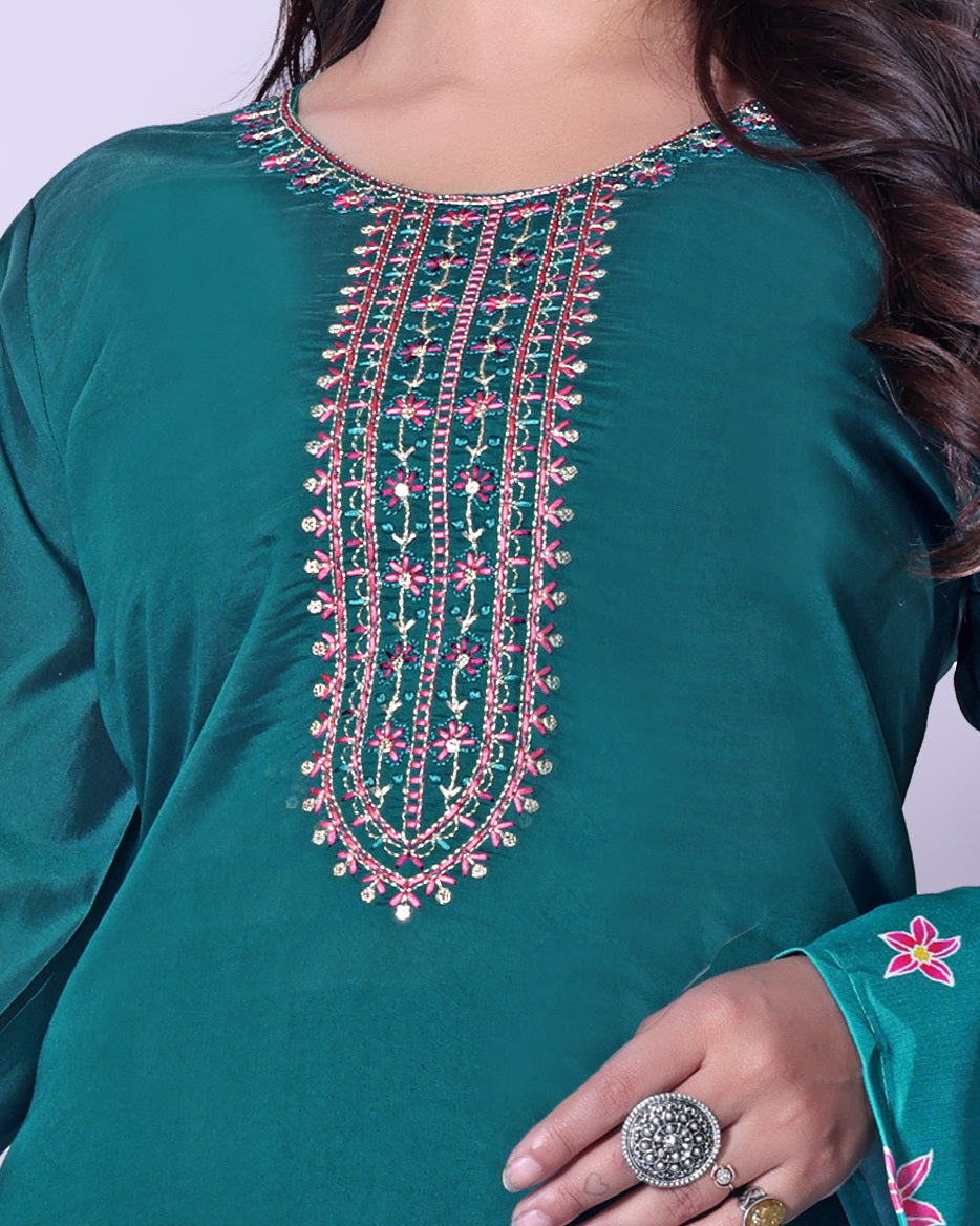 Stylish Embroidered Kurta & Pant Set with Organza Dupatta