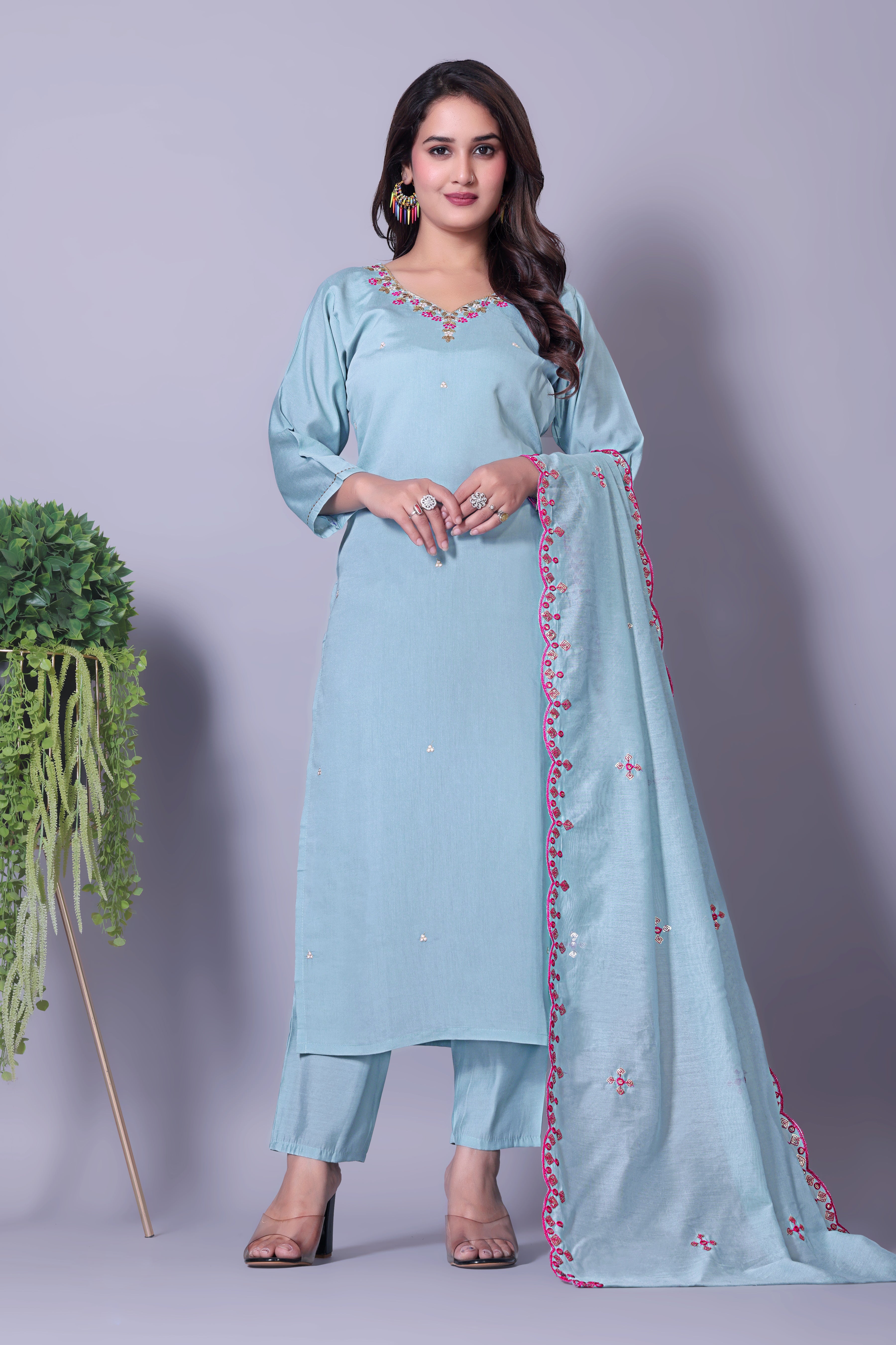 Sky Blue Viscose Chanderi Kurti Set with Embroidered Dupatta