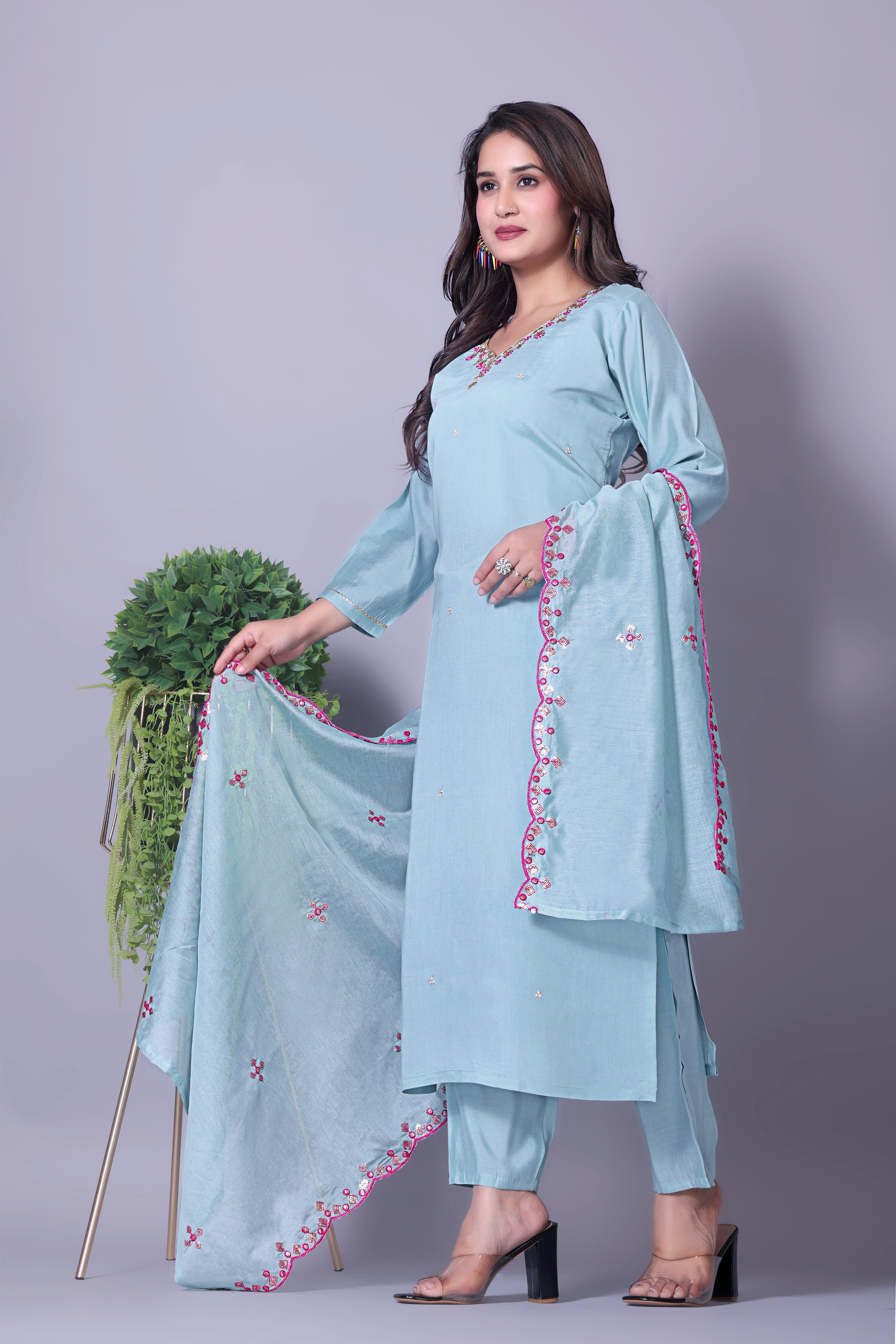 Sky Blue Viscose Chanderi Kurti Set with Embroidered Dupatta