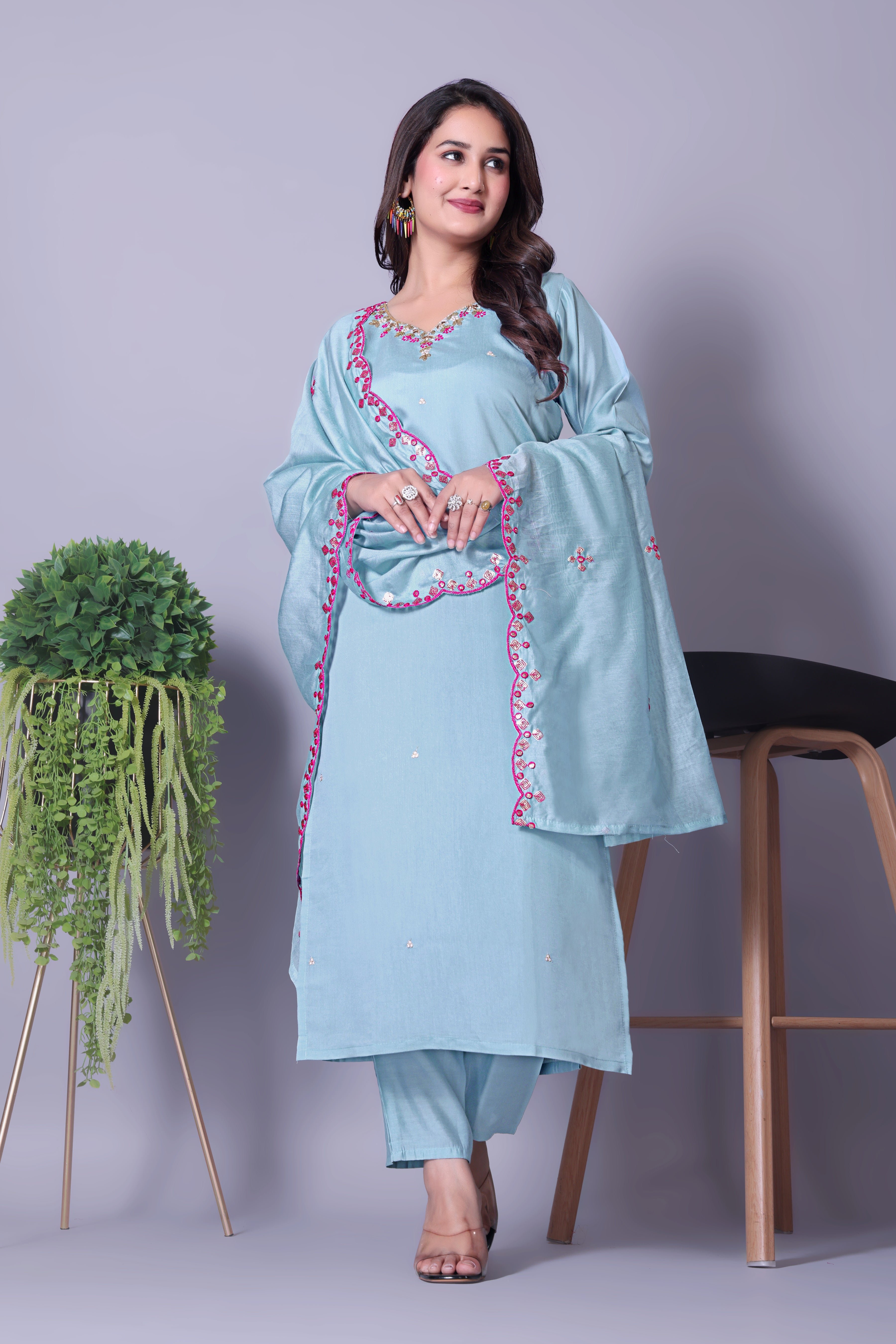 Sky Blue Viscose Chanderi Kurti Set with Embroidered Dupatta
