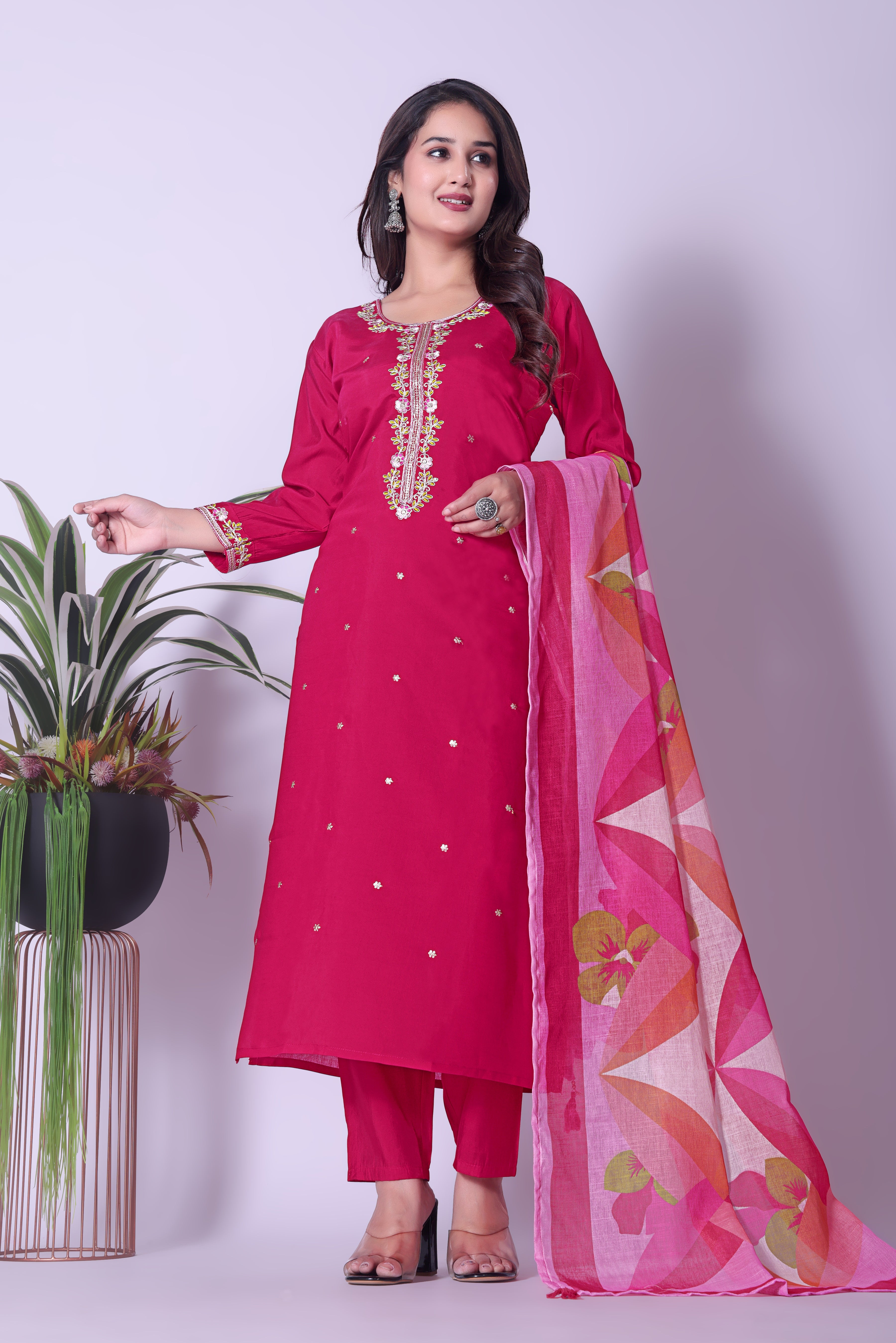 Elegant Rani Pink Straight Kurta Pant & Printed Organza Dupatta Set