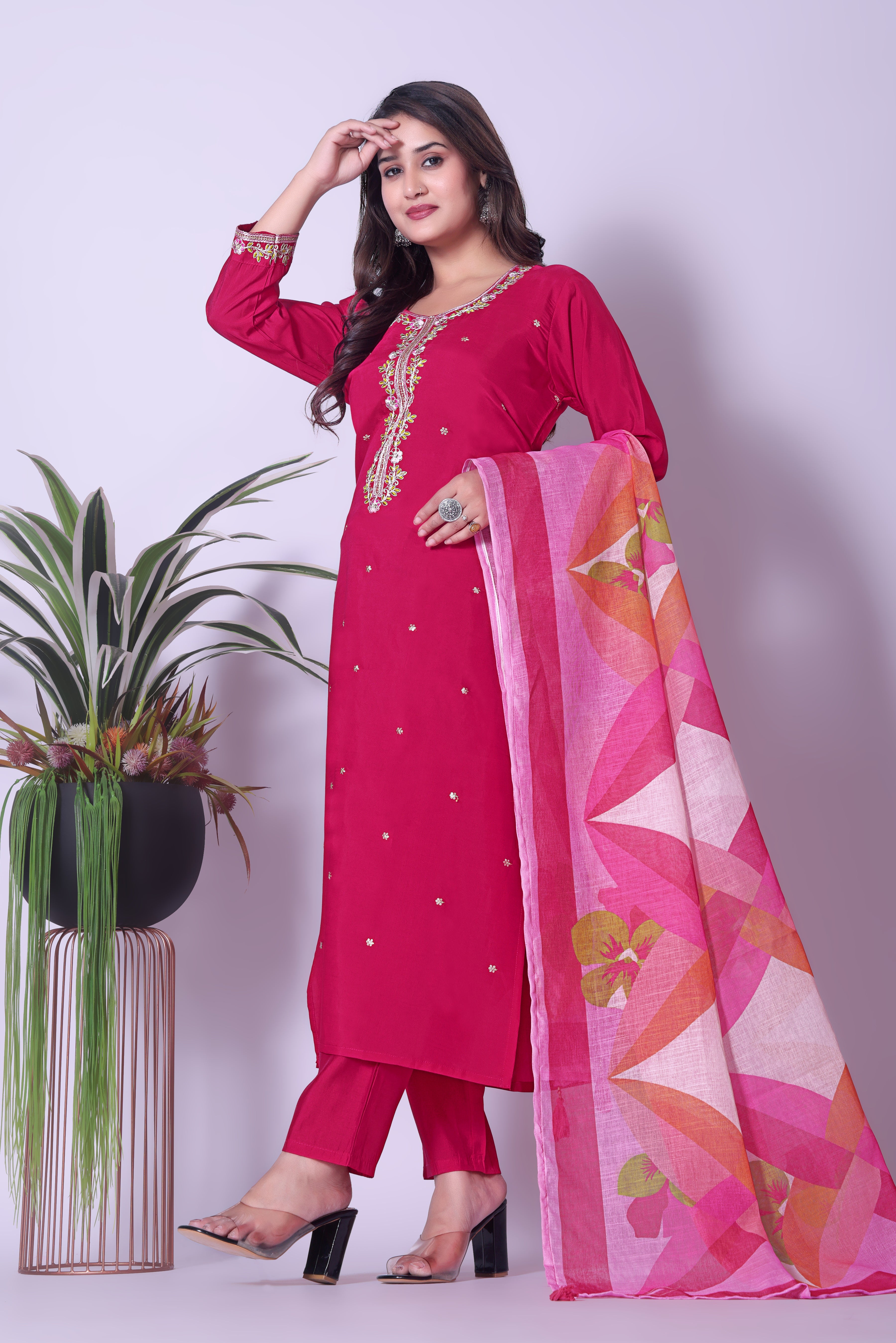 Elegant Rani Pink Straight Kurta Pant & Printed Organza Dupatta Set