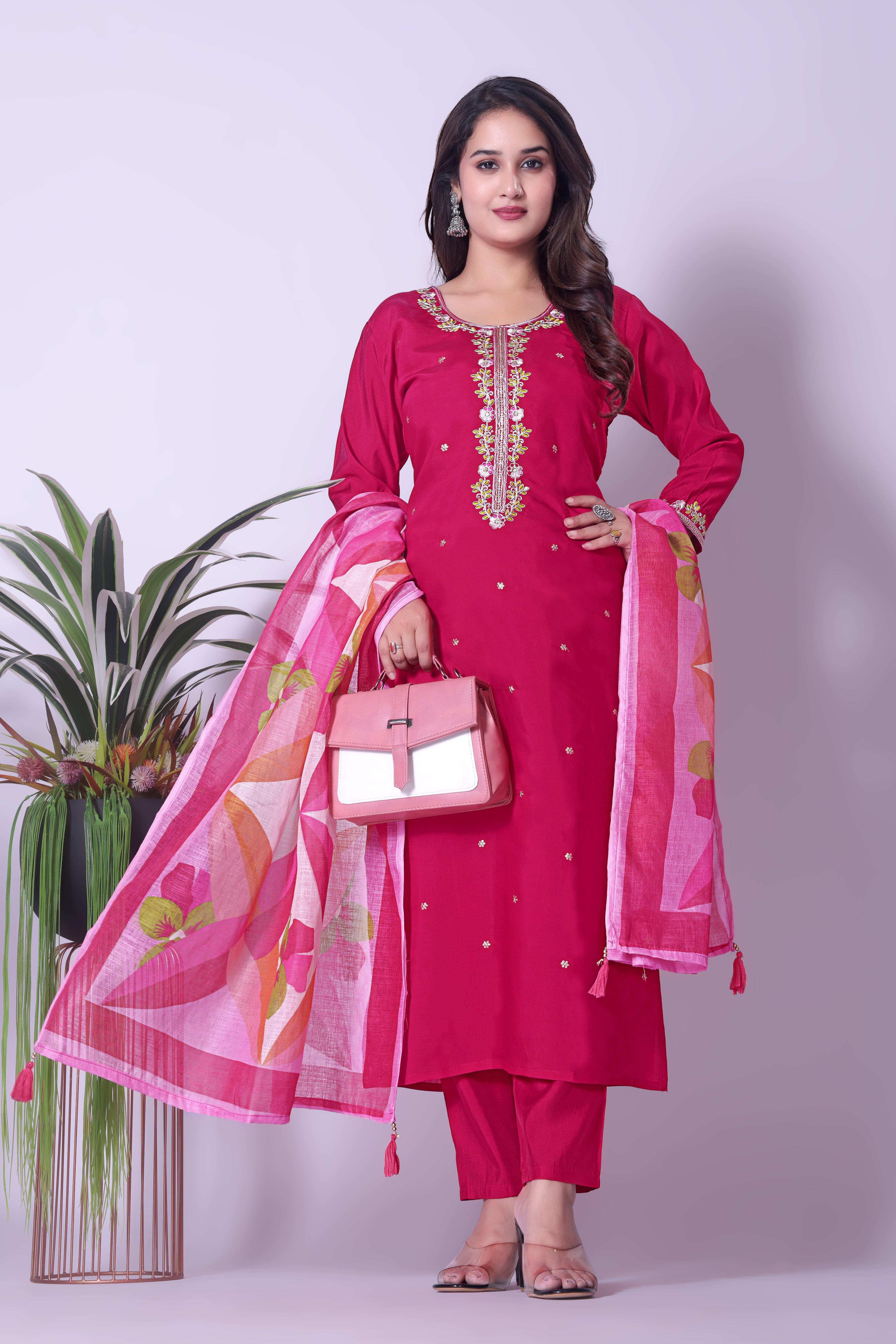 Elegant Rani Pink Straight Kurta Pant & Printed Organza Dupatta Set