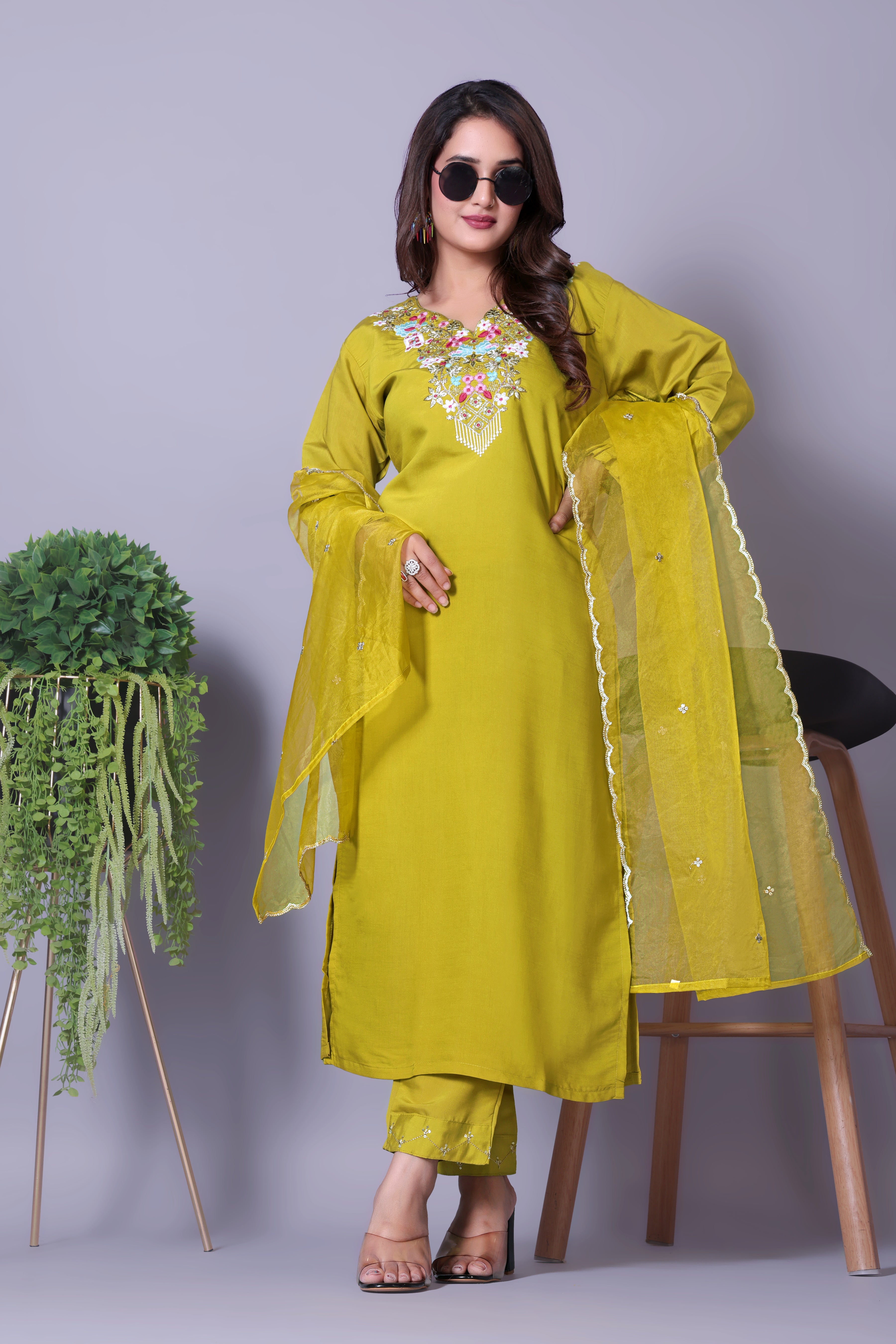 Women's Stylish Viscose Rayon Solid Embroidered Kurta Set with Dupatta