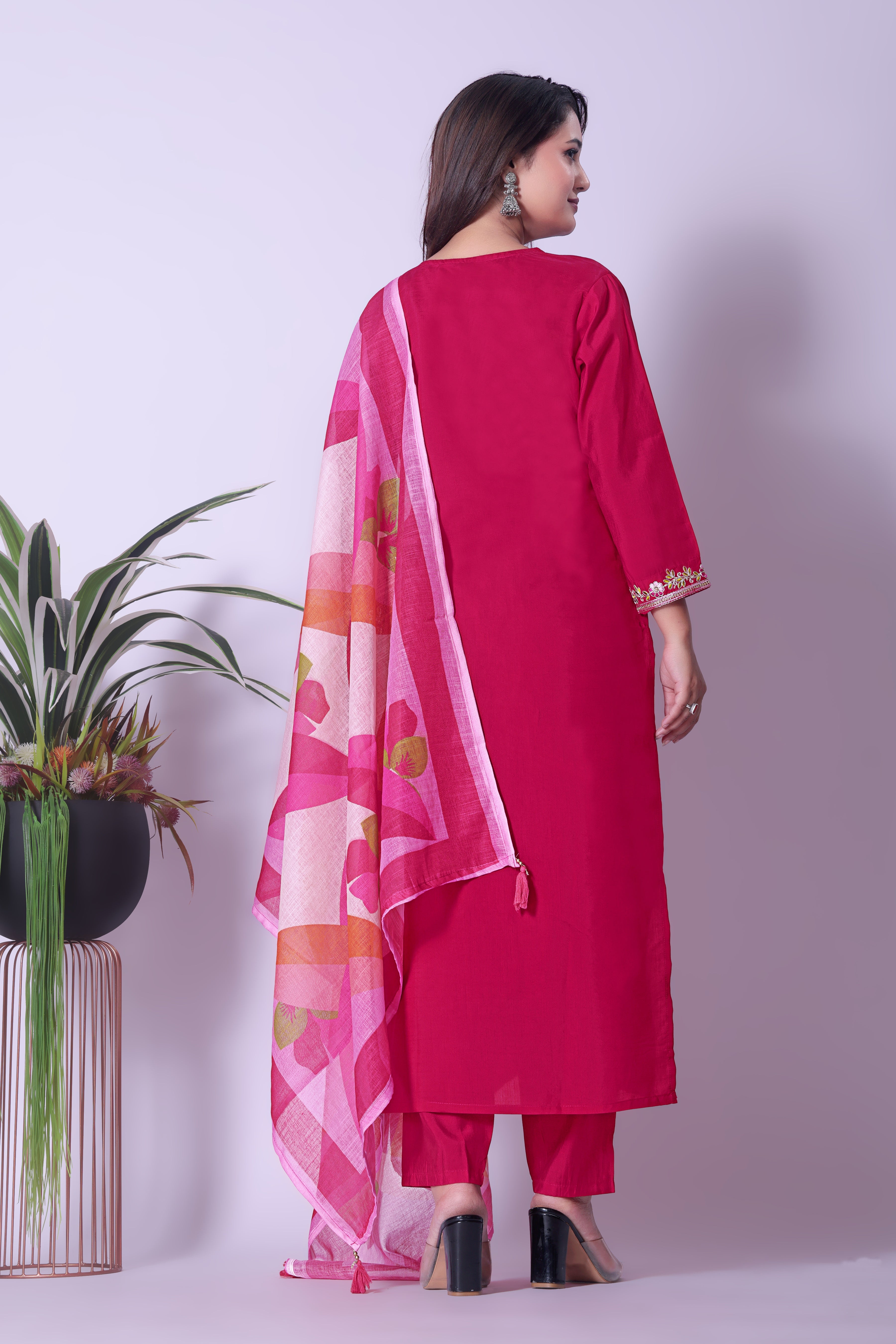Elegant Rani Pink Straight Kurta Pant & Printed Organza Dupatta Set