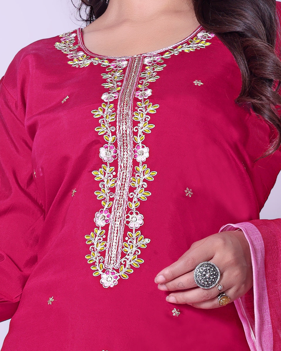 Elegant Rani Pink Straight Kurta Pant & Printed Organza Dupatta Set