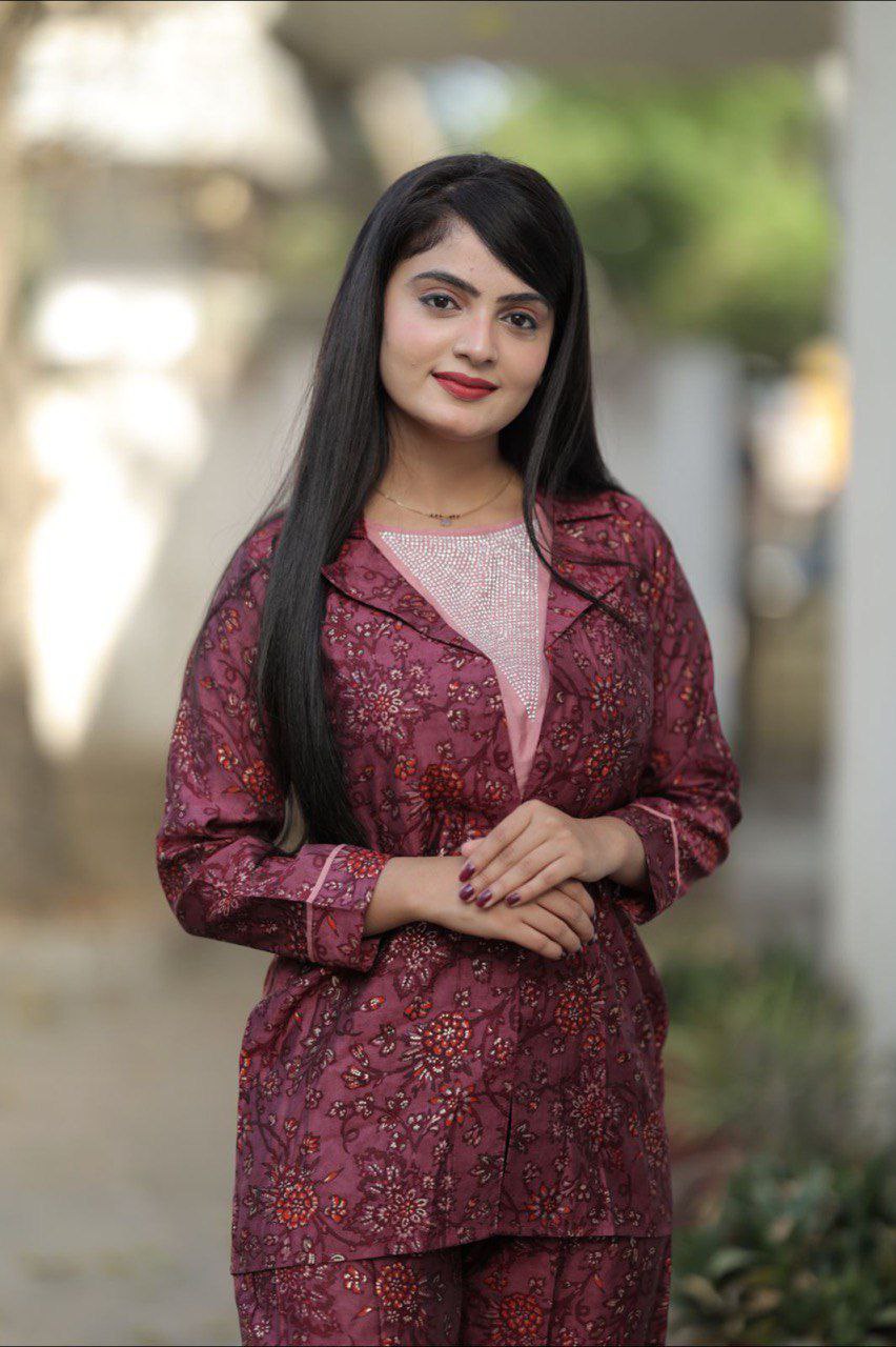 Ethnic Print Two-Piece Suit Set with Button-Down Top & Trousers