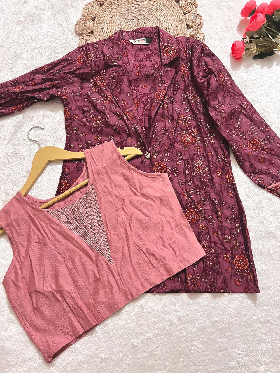 Ethnic Print Two-Piece Suit Set with Button-Down Top & Trousers