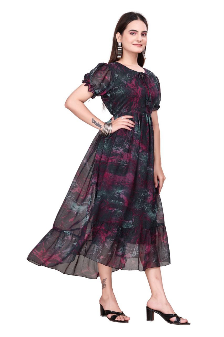 Women And Girl Printed Georgette Maxi Dress with Puff Sleeves