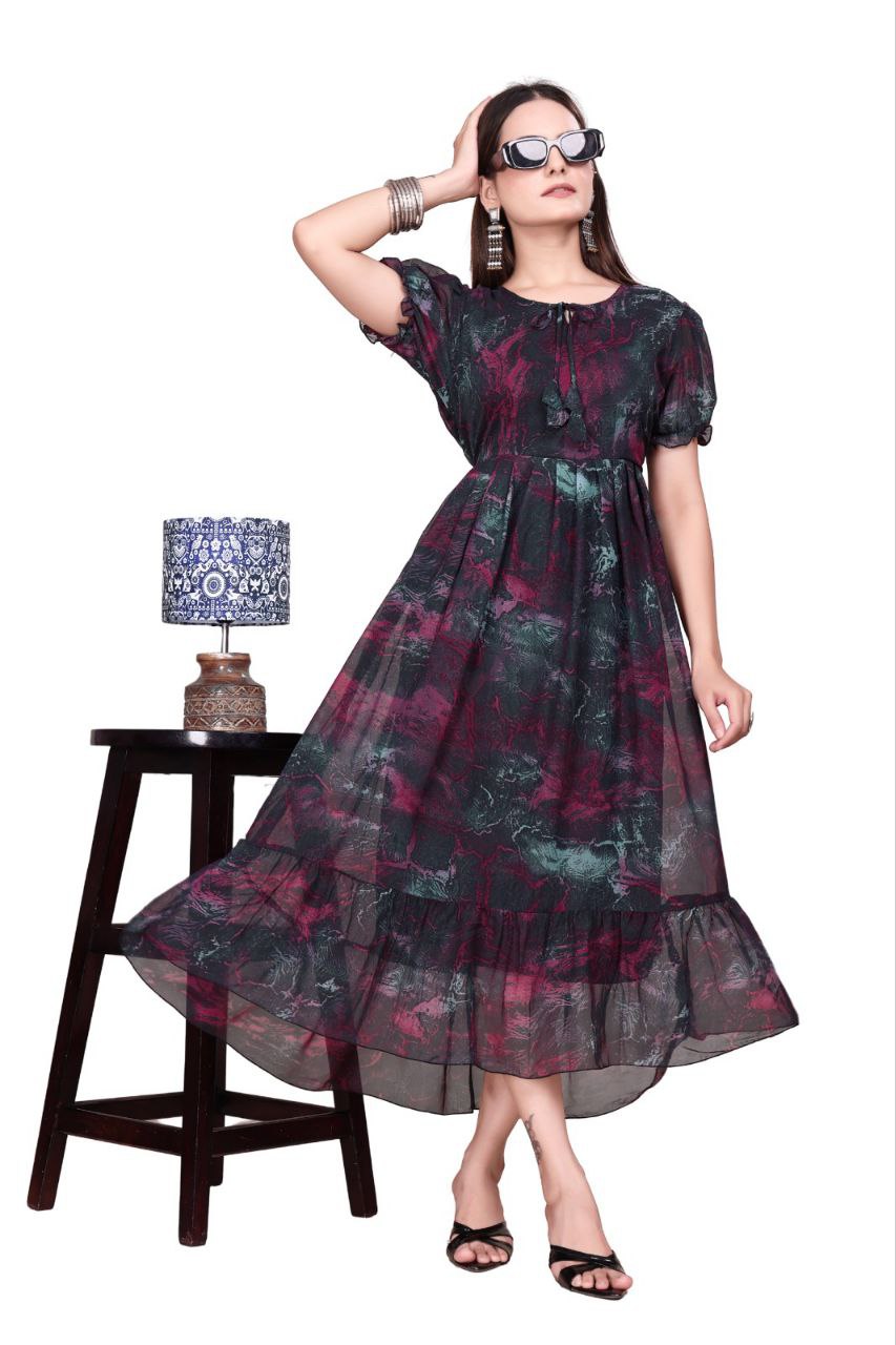 Women And Girl Printed Georgette Maxi Dress with Puff Sleeves