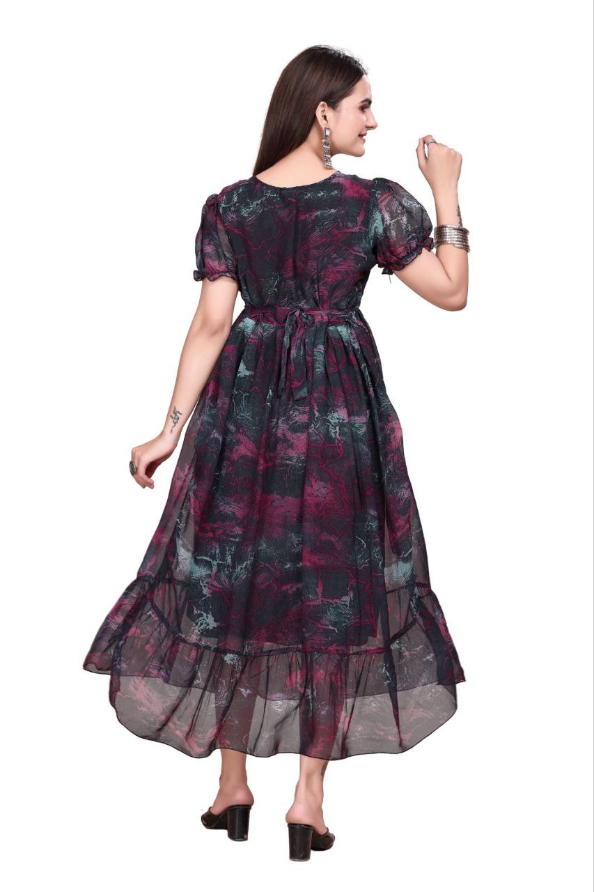 Women And Girl Printed Georgette Maxi Dress with Puff Sleeves