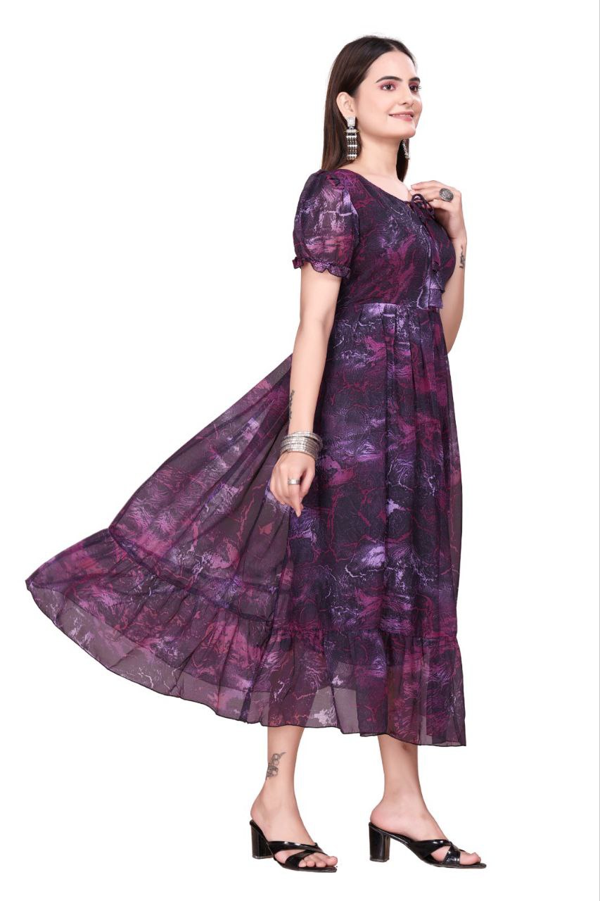 Women And Girl Printed Georgette Maxi Dress with Puff Sleeves